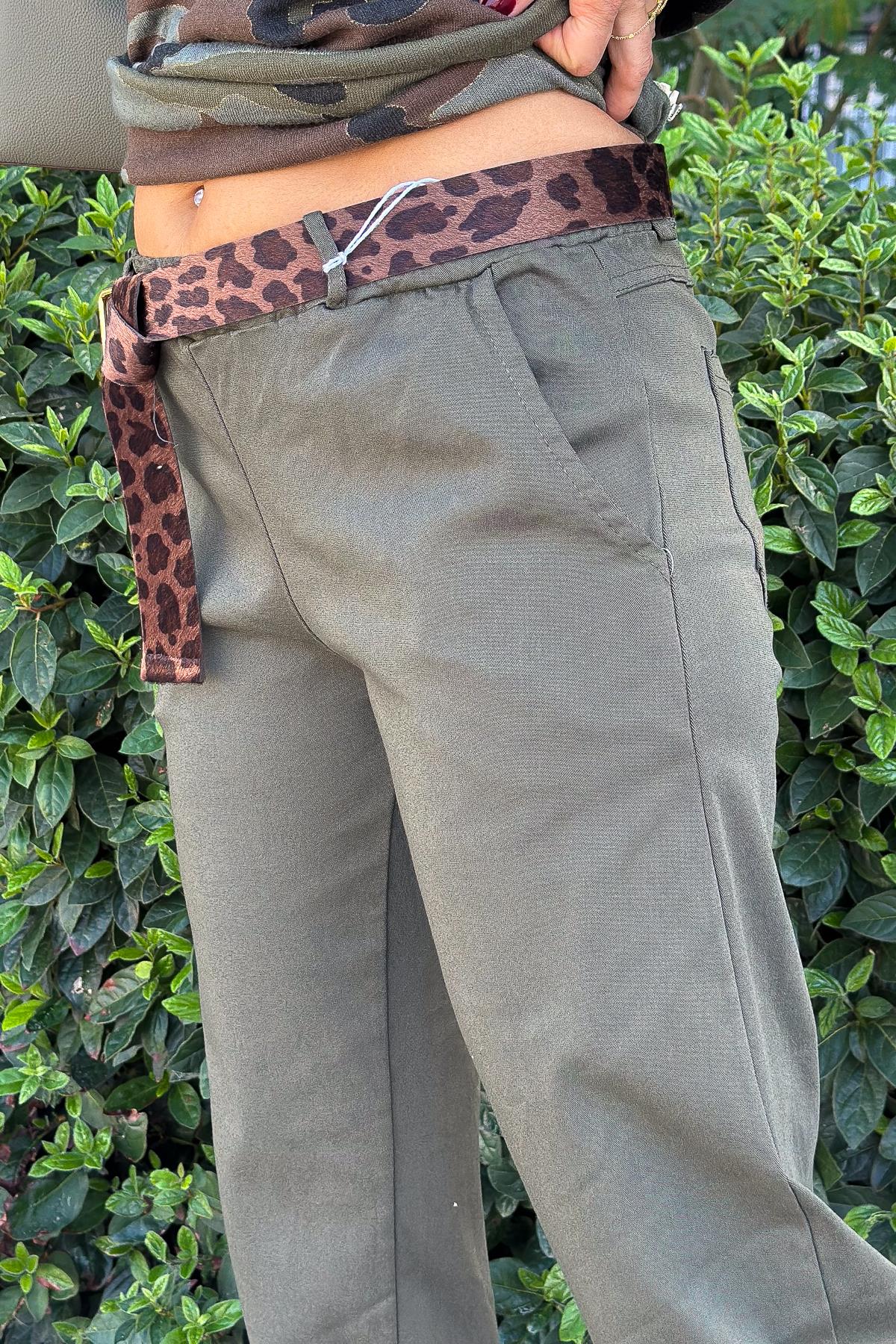 Leopar Kemerli Basic Likralı Pantolon Haki RenkPANTOLON