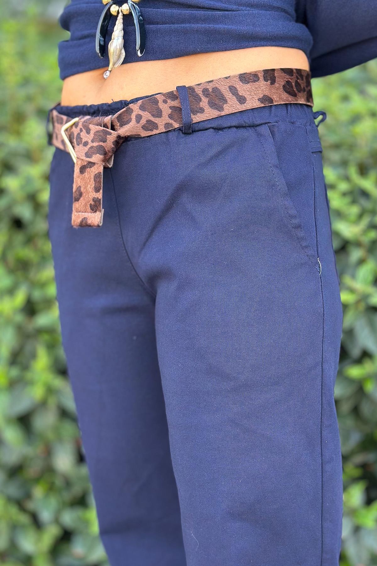 Leopar Kemerli Basic Likralı Pantolon Lacivert RenkPANTOLON
