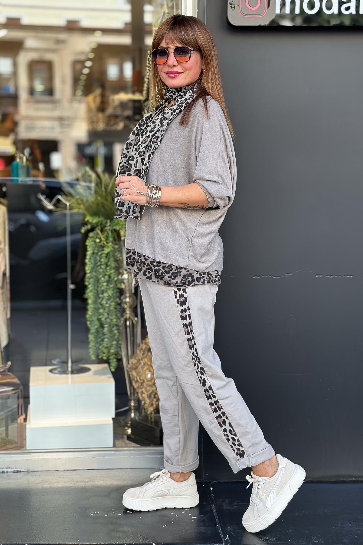 Leopar Şeritli Eşorfman Bej RenkPANTOLON