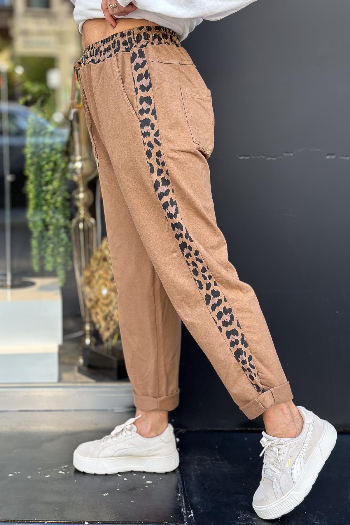 Leopar Şeritli Eşorfman Camel RenkPANTOLON