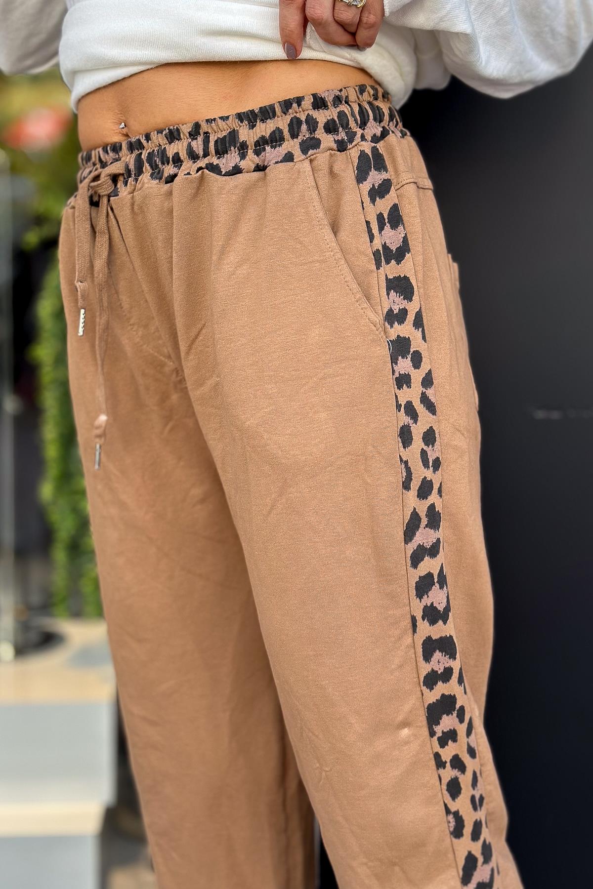 Leopar Şeritli Eşorfman Camel RenkPANTOLON
