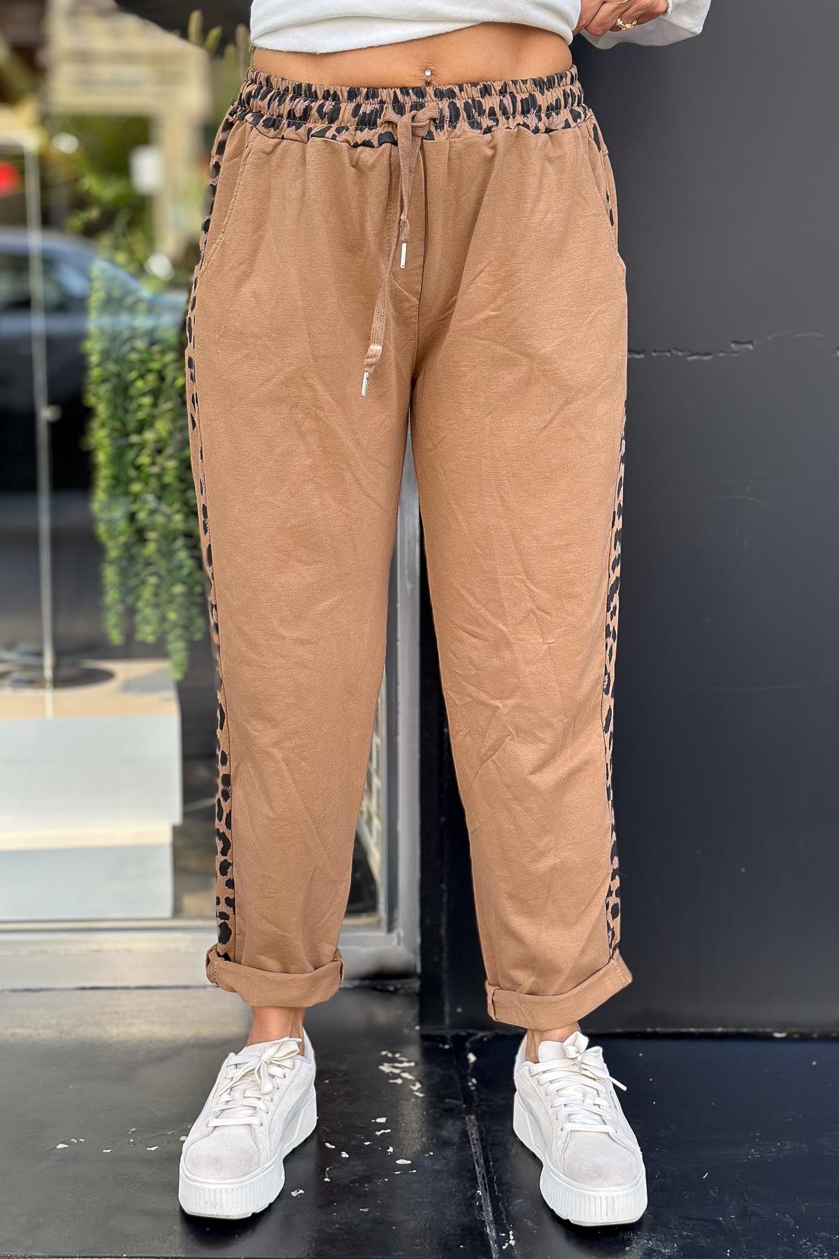 Leopar Şeritli Eşorfman Camel RenkPANTOLON