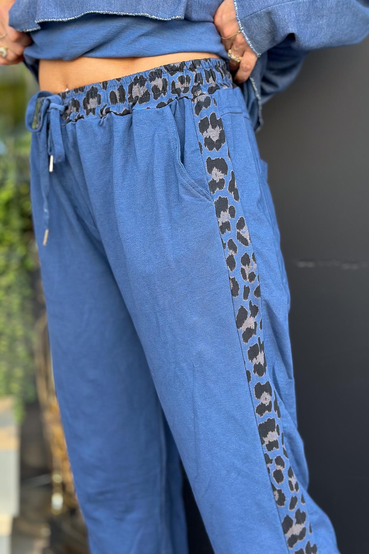 Leopar Şeritli Eşorfman İndigo RenkPANTOLON