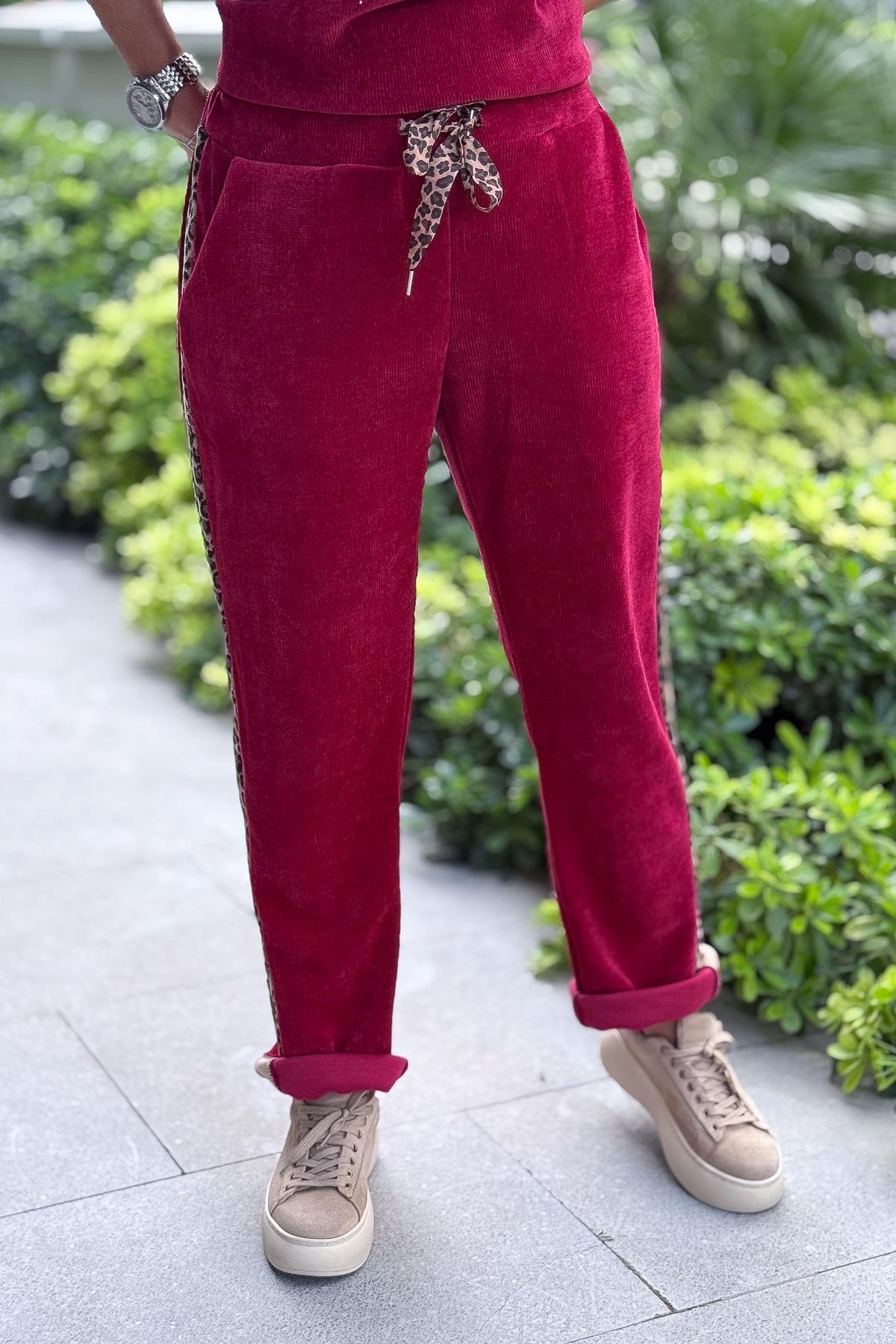 Leopar Şeritli Kadife Pantolon Bordo RenkPANTOLON