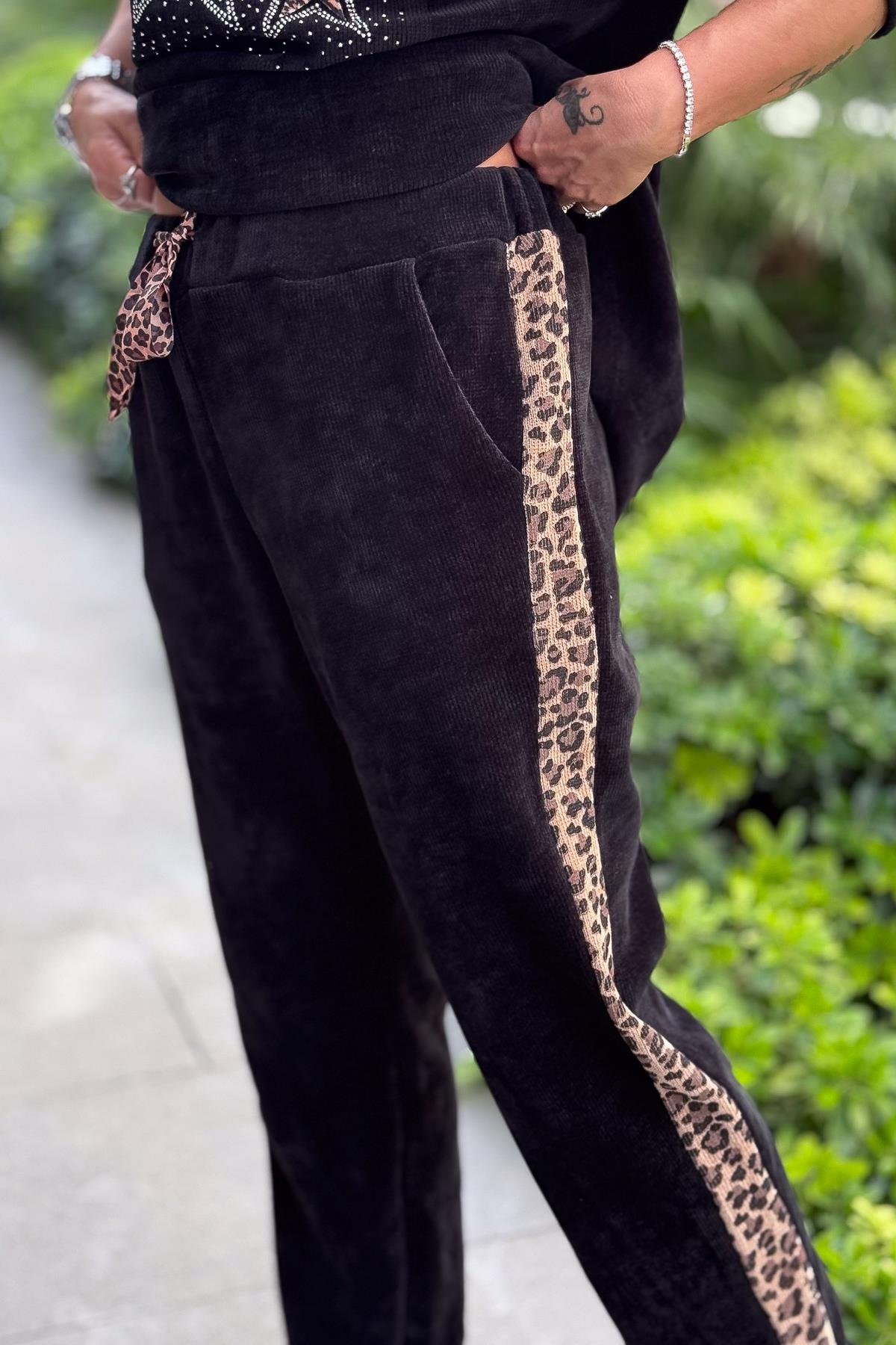 Leopar Şeritli Kadife Pantolon Siyah RenkPANTOLON