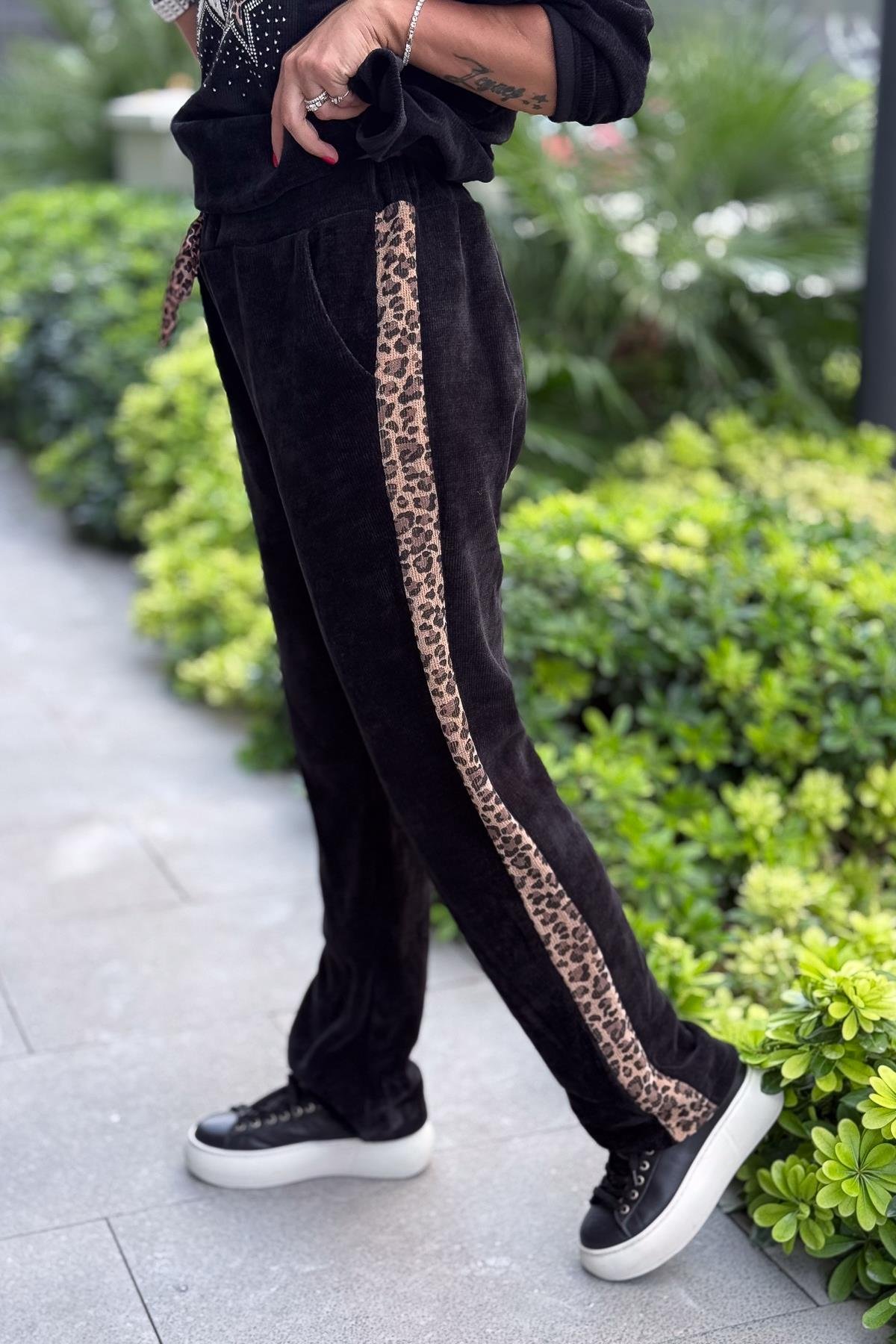 Leopar Şeritli Kadife Pantolon Siyah RenkPANTOLON