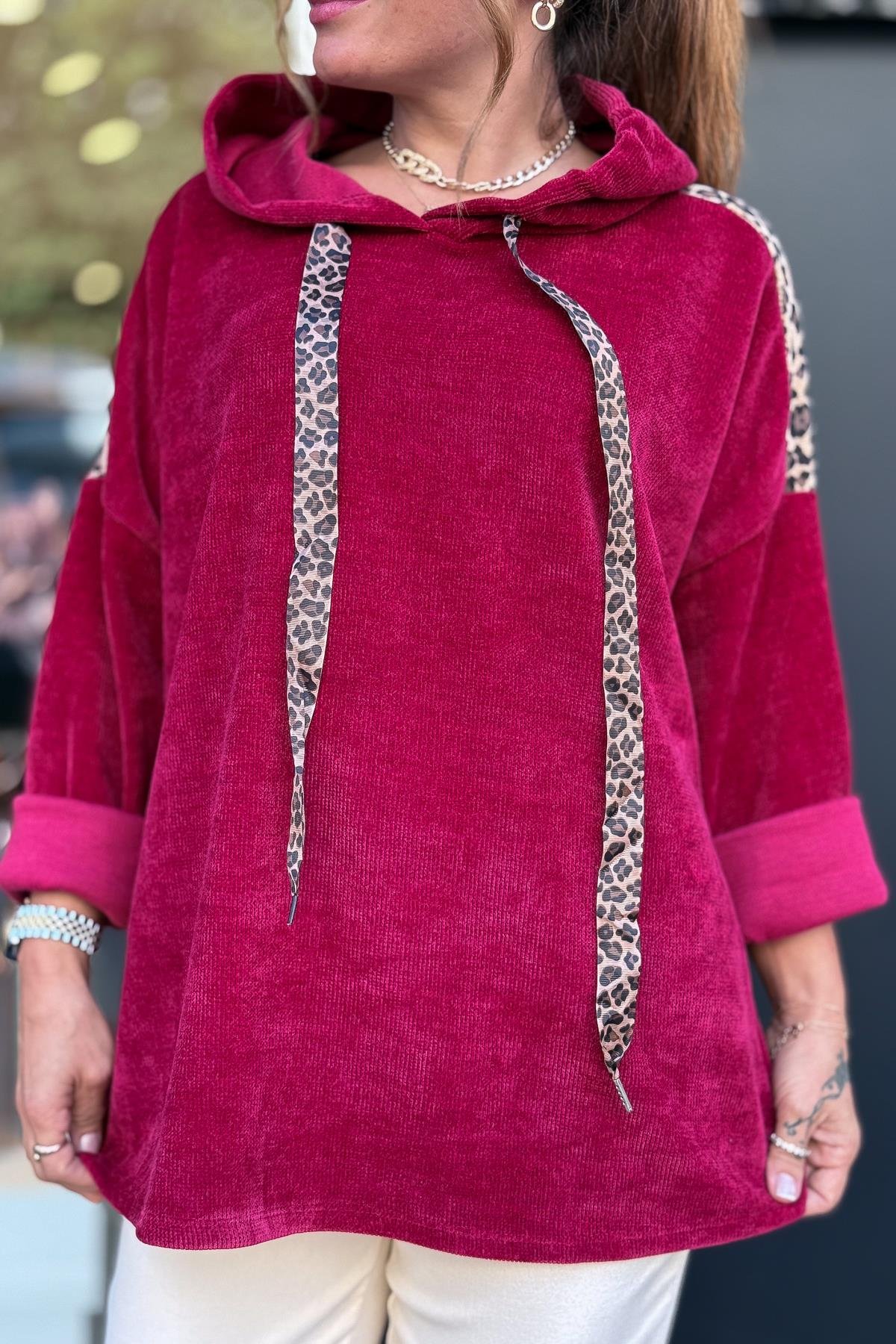 Leopar Şeritli Kapüşonlu Kadife Sweet Bordo RenkBLUZ