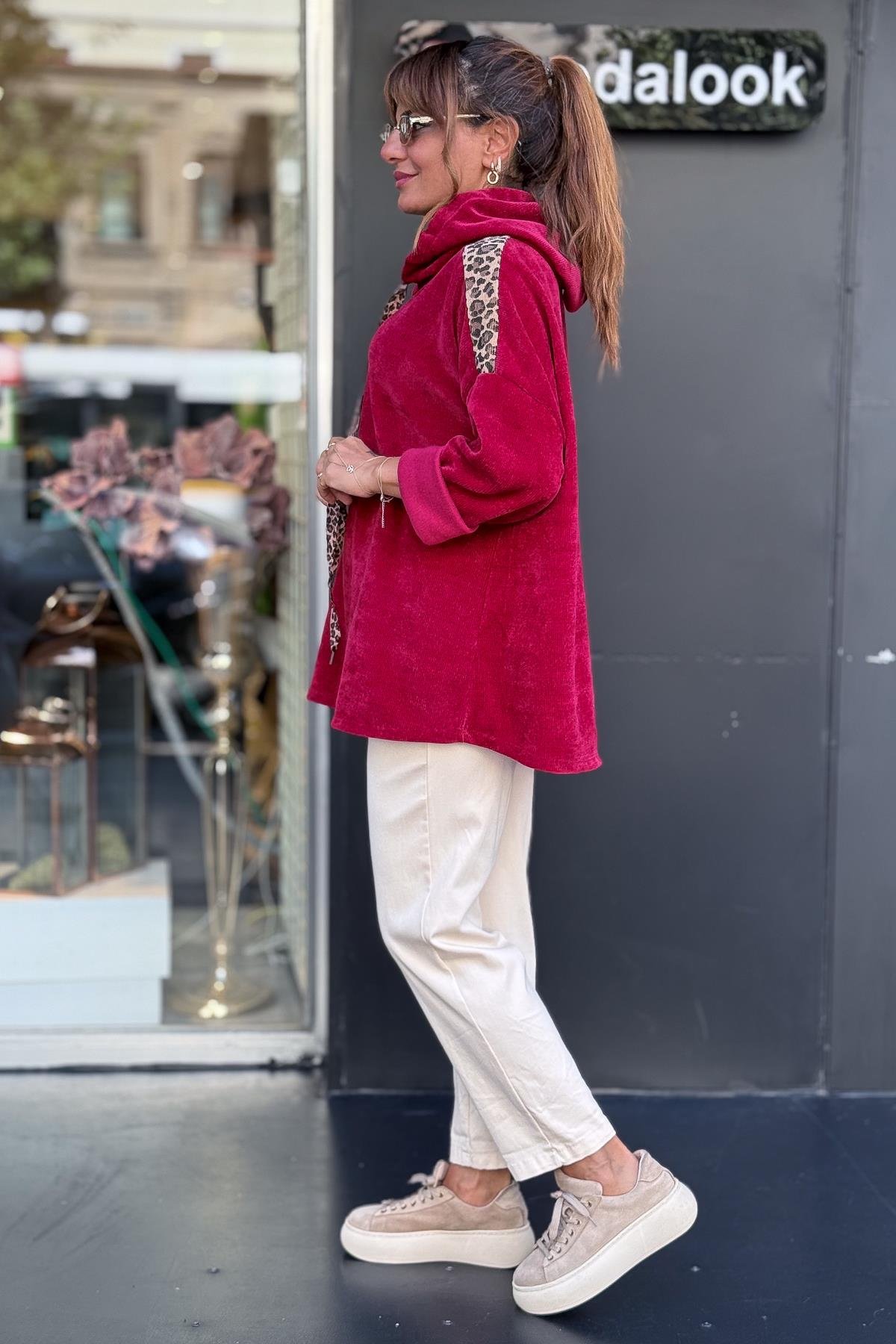 Leopar Şeritli Kapüşonlu Kadife Sweet Bordo RenkBLUZ