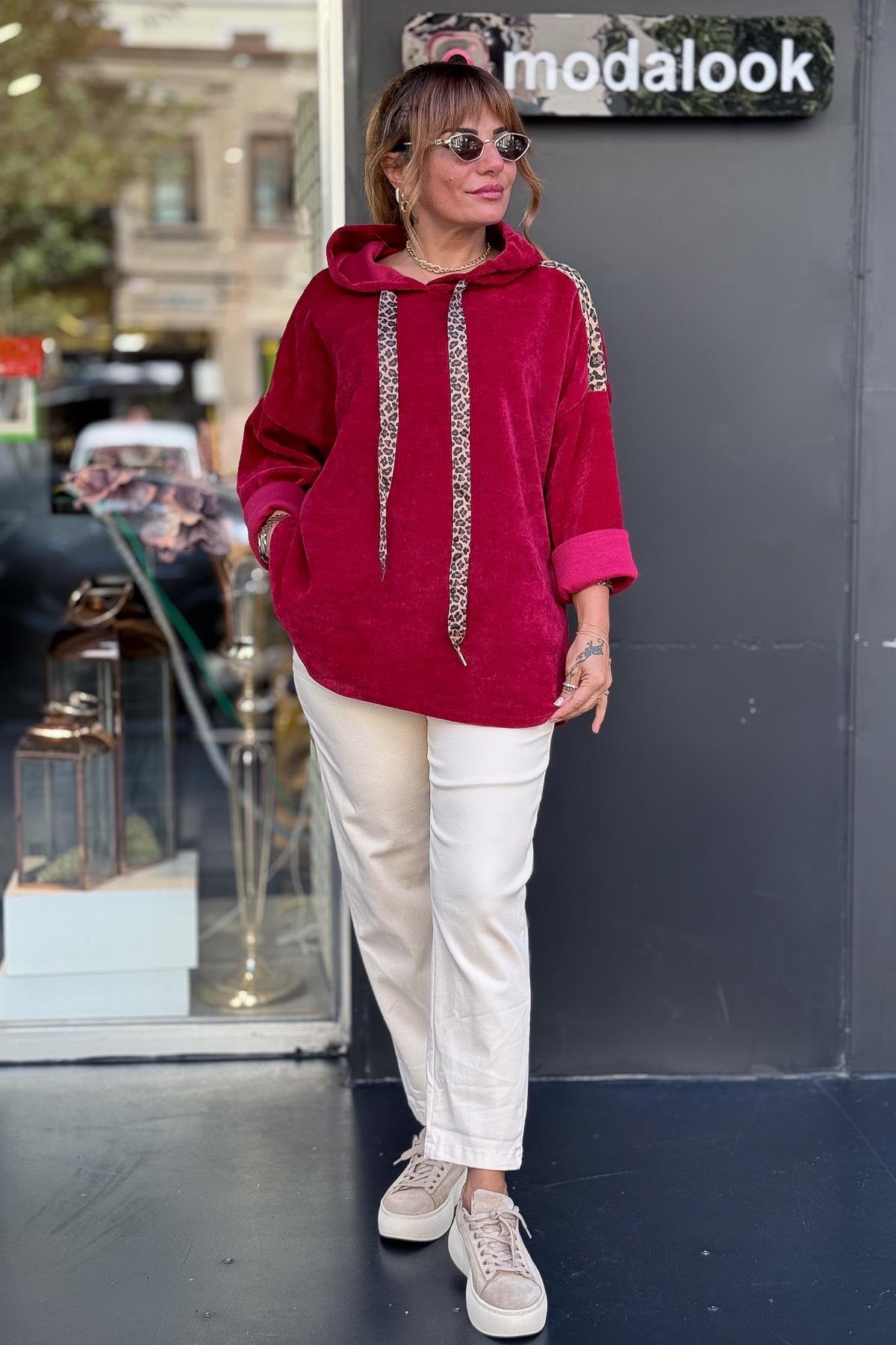 Leopar Şeritli Kapüşonlu Kadife Sweet Bordo RenkBLUZ