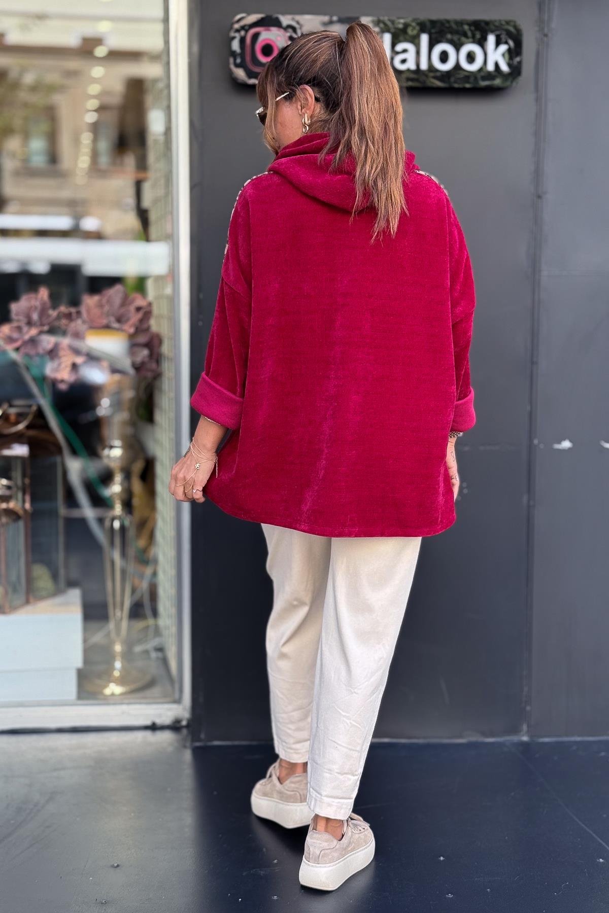 Leopar Şeritli Kapüşonlu Kadife Sweet Bordo RenkBLUZ