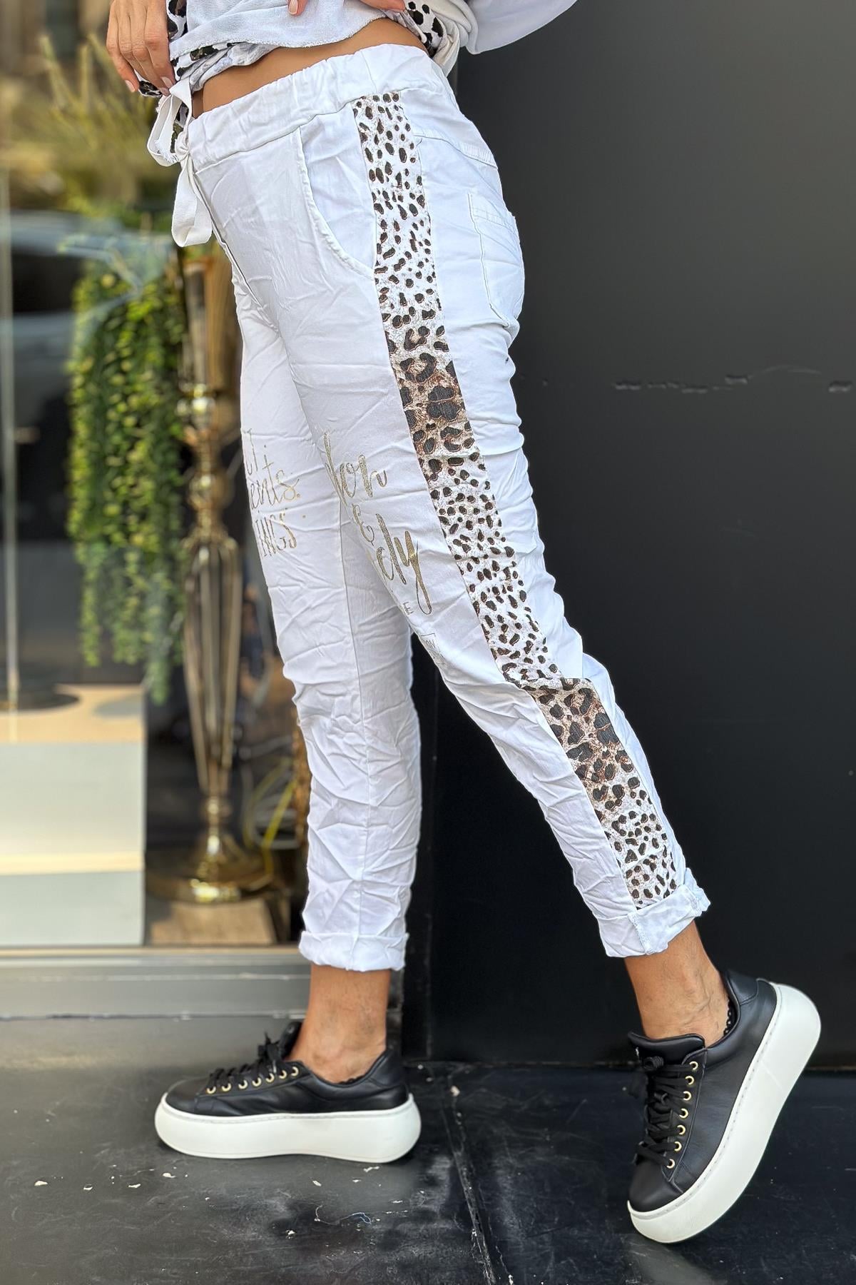 Leopar Şeritli Likralı Pantolon Beyaz RenkPANTOLON