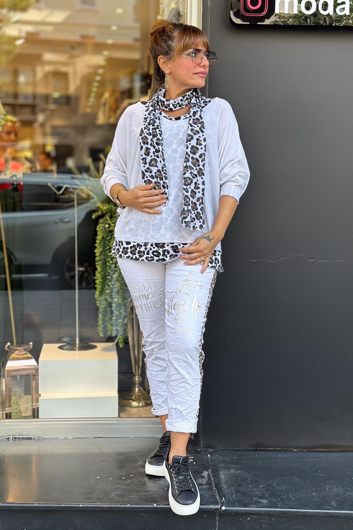 Leopar Şeritli Likralı Pantolon Beyaz RenkPANTOLON