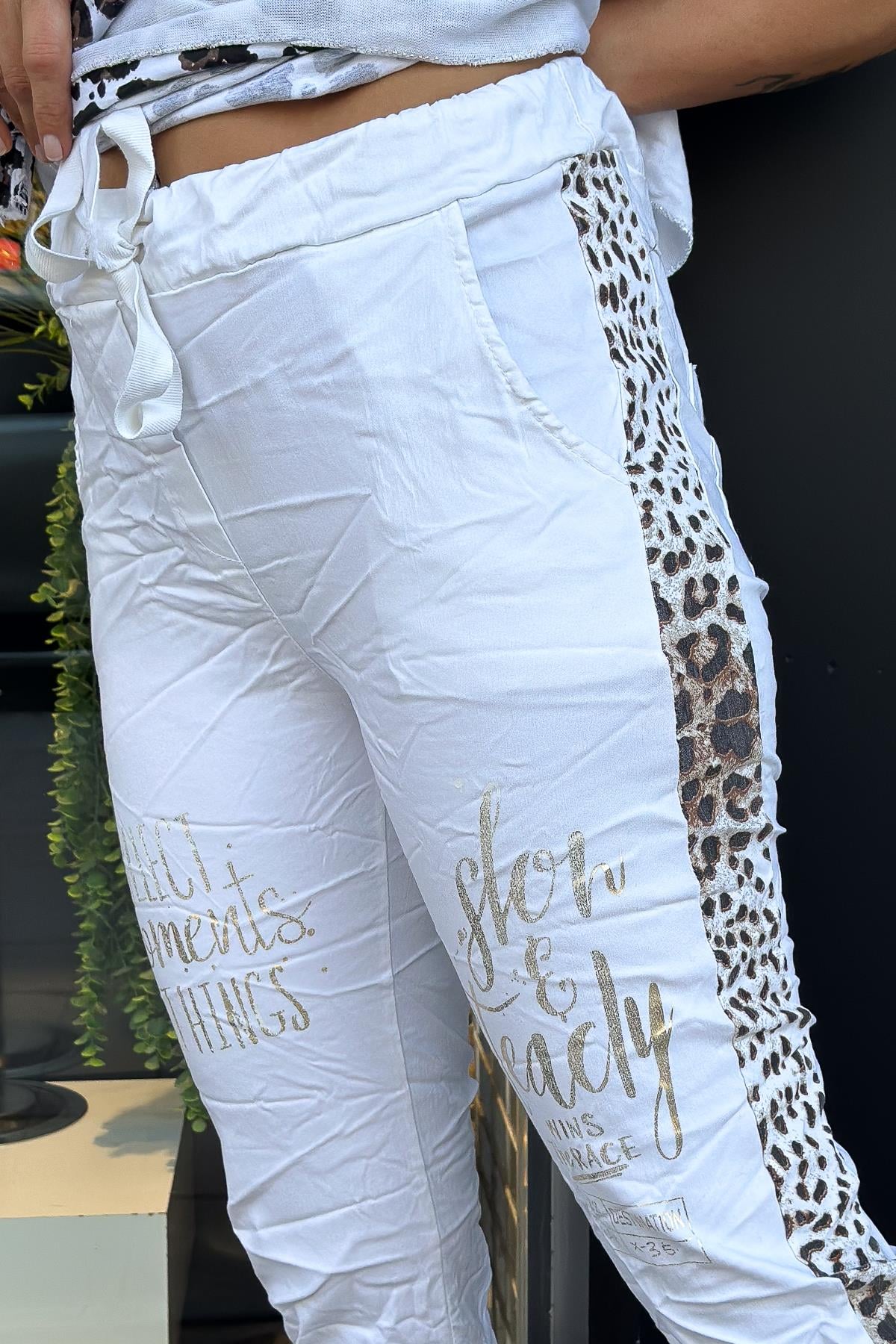 Leopar Şeritli Likralı Pantolon Beyaz RenkPANTOLON
