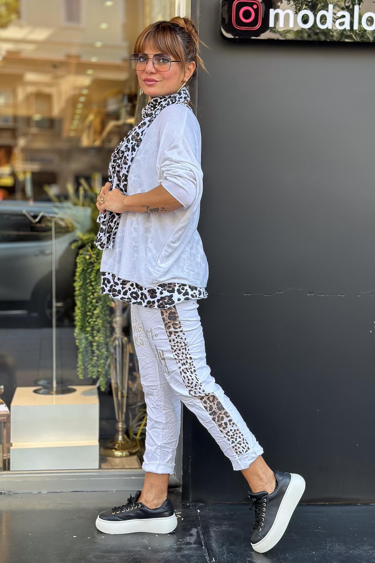 Leopar Şeritli Likralı Pantolon Beyaz RenkPANTOLON