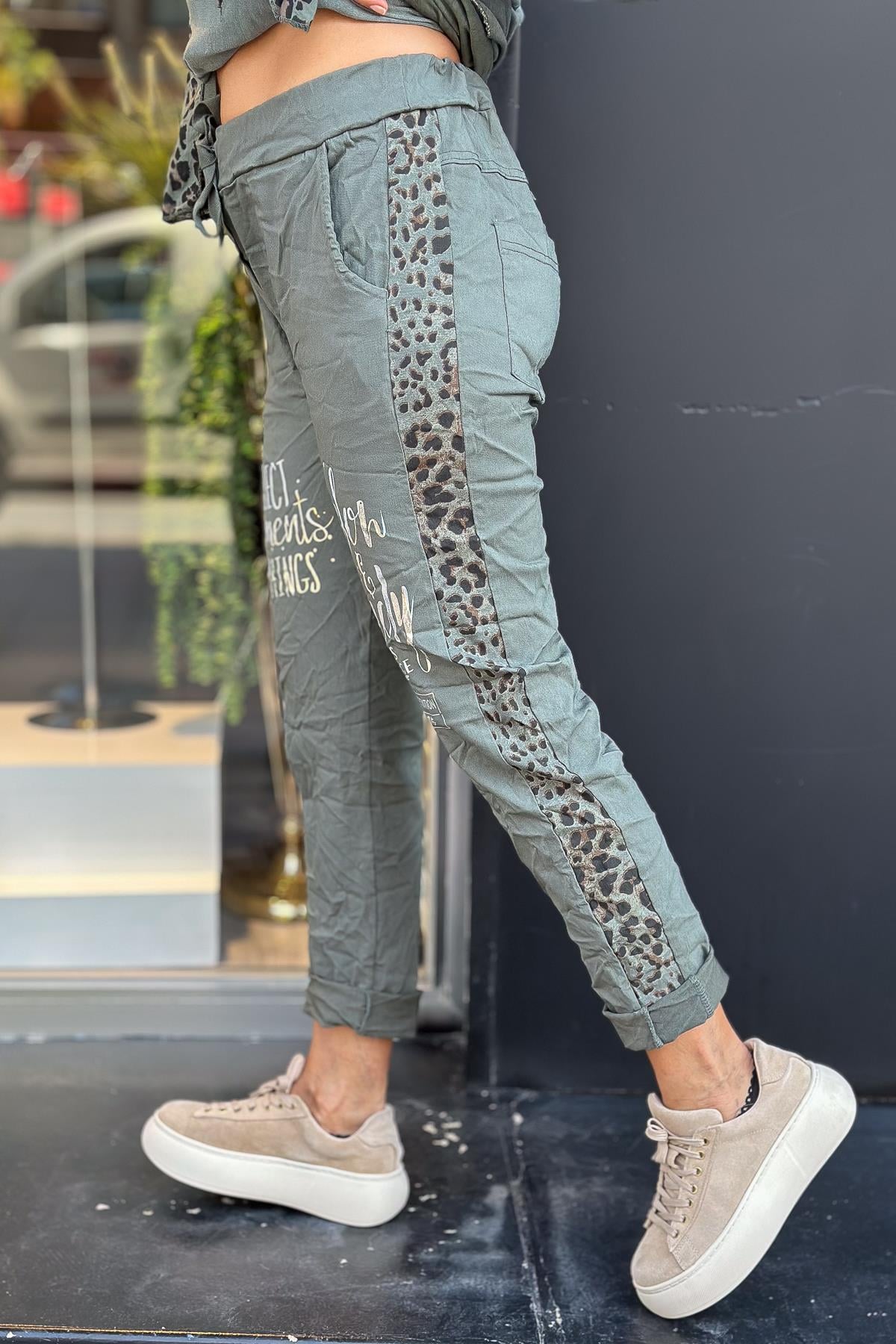 Leopar Şeritli Likralı Pantolon Haki RenkPANTOLON