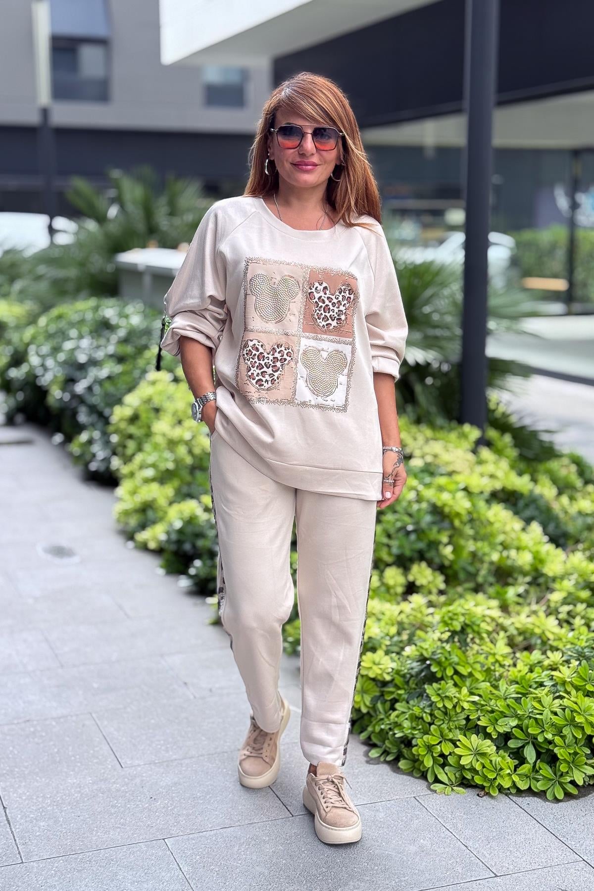 Leopar Taş Şeritli Modal Pantolon Bej RenkPANTOLON