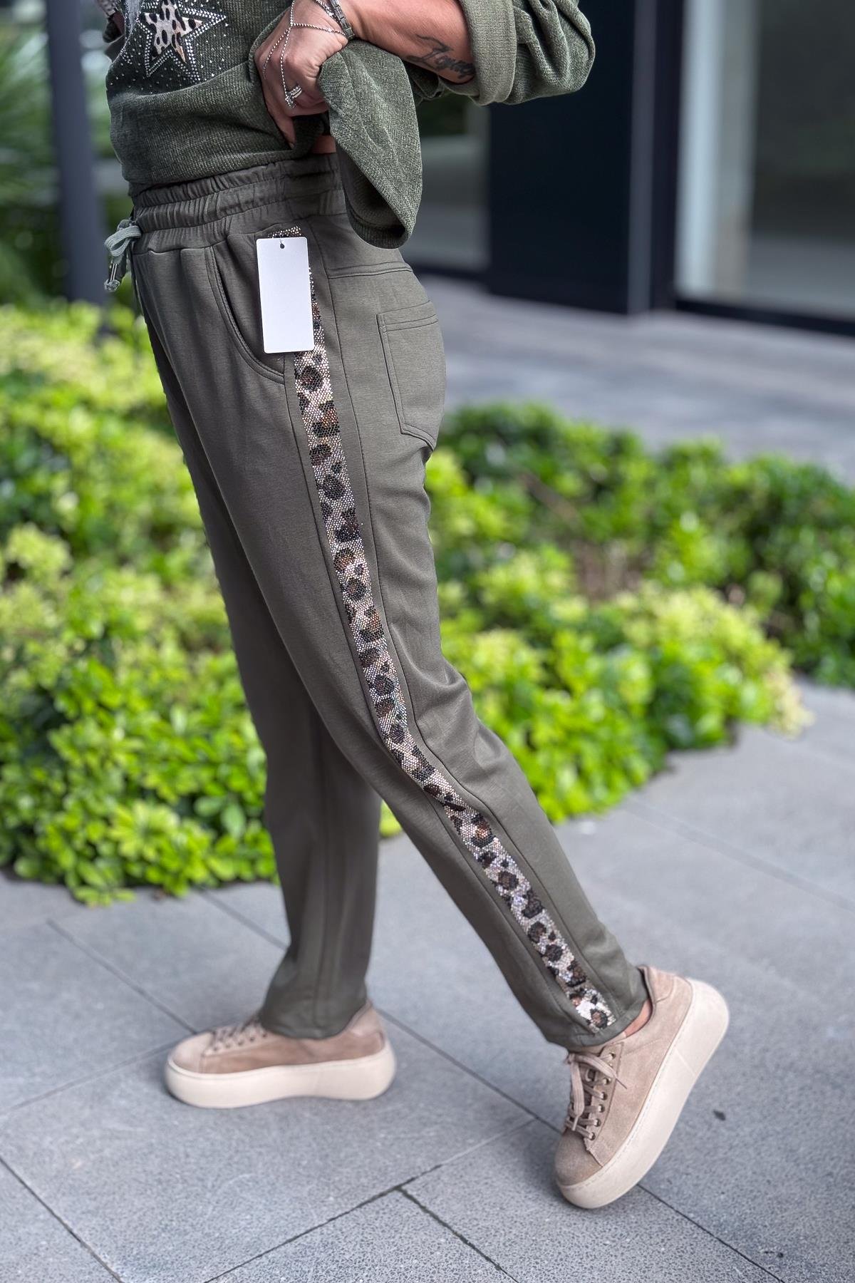 Leopar Taş Şeritli Modal Pantolon Haki RenkPANTOLON