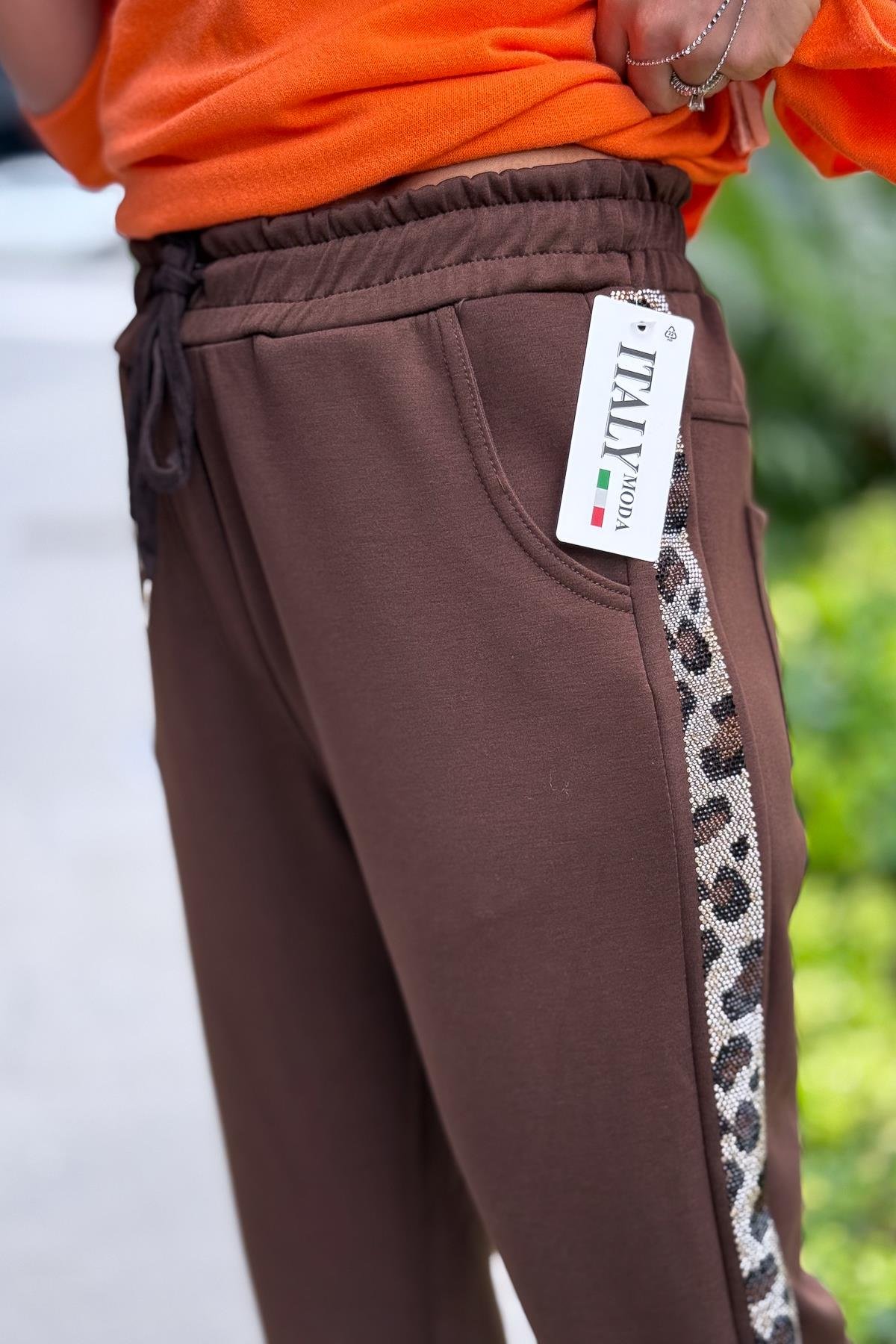 Leopar Taş Şeritli Modal Pantolon Kahverengi RenkPANTOLON