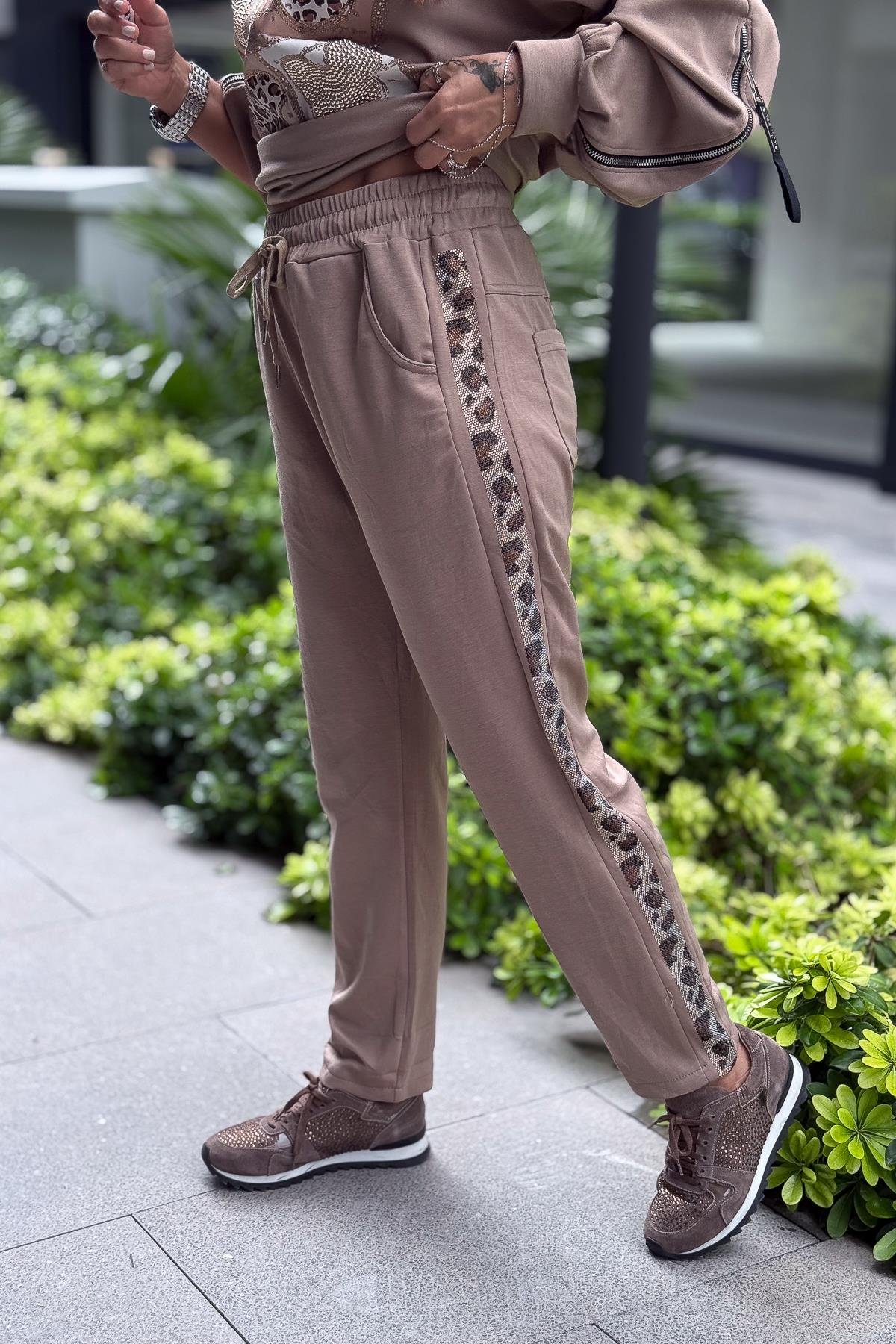 Leopar Taş Şeritli Modal Pantolon Vizon RenkPANTOLON