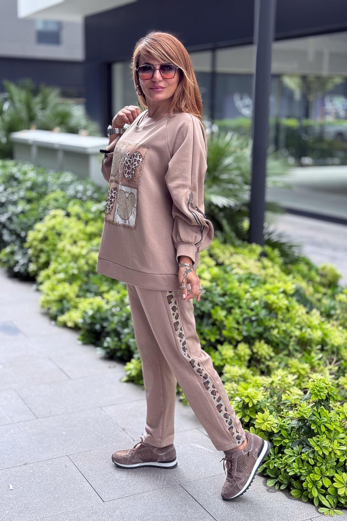 Leopar Taş Şeritli Modal Pantolon Vizon RenkPANTOLON