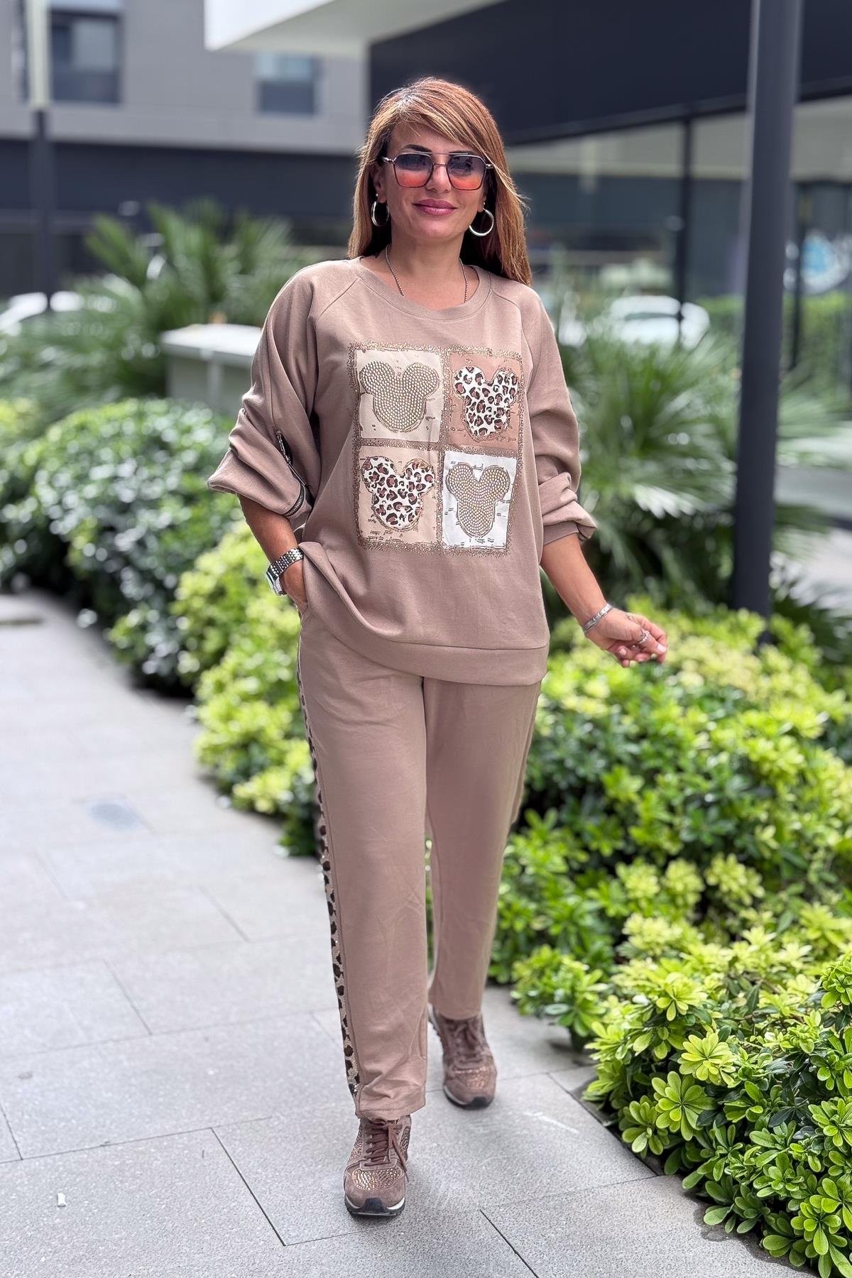 Leopar Taş Şeritli Modal Pantolon Vizon RenkPANTOLON