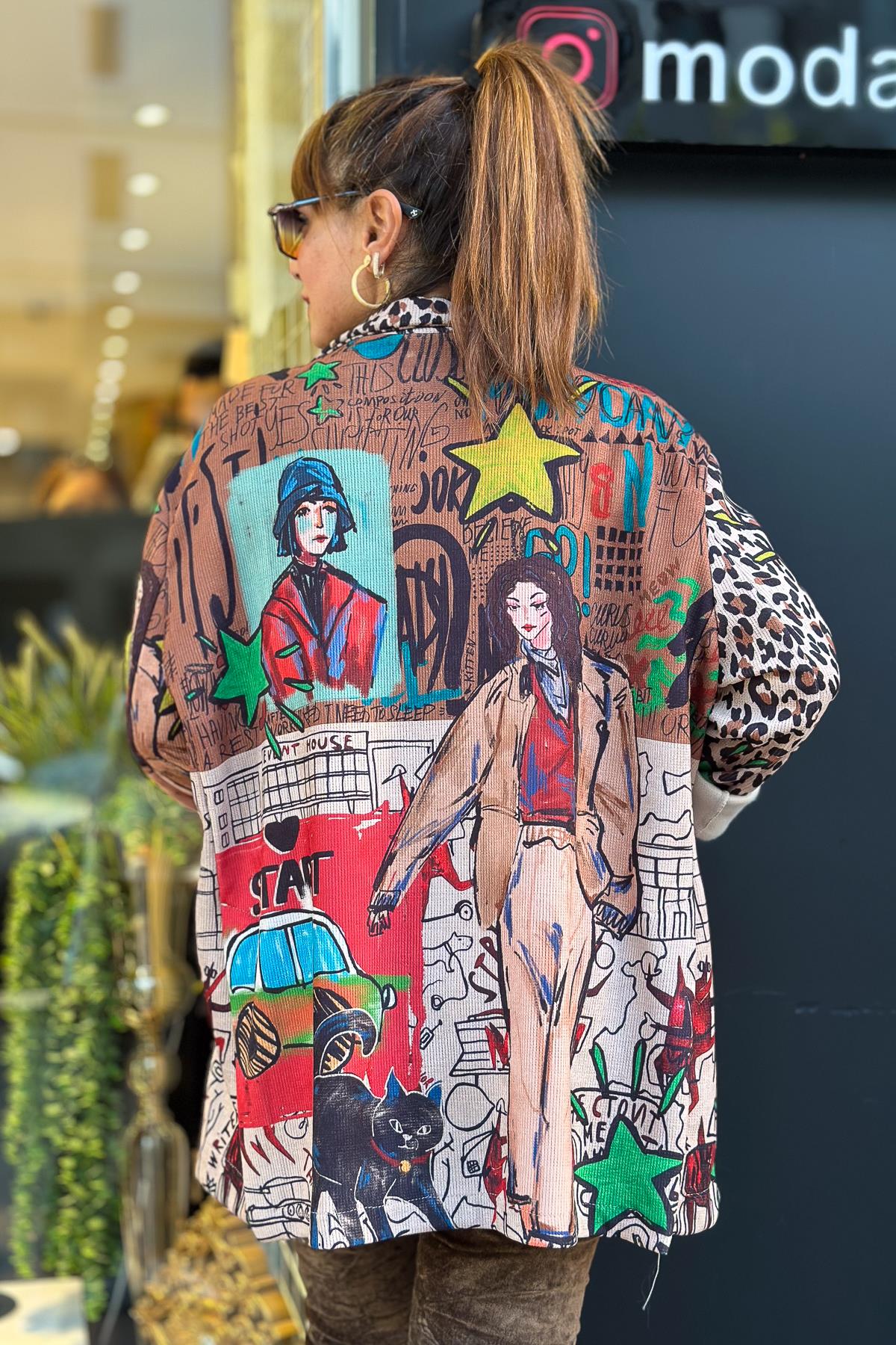 Leopar Ve Kız Desenli Kadife Blazer Ceket Camel RenkCEKET