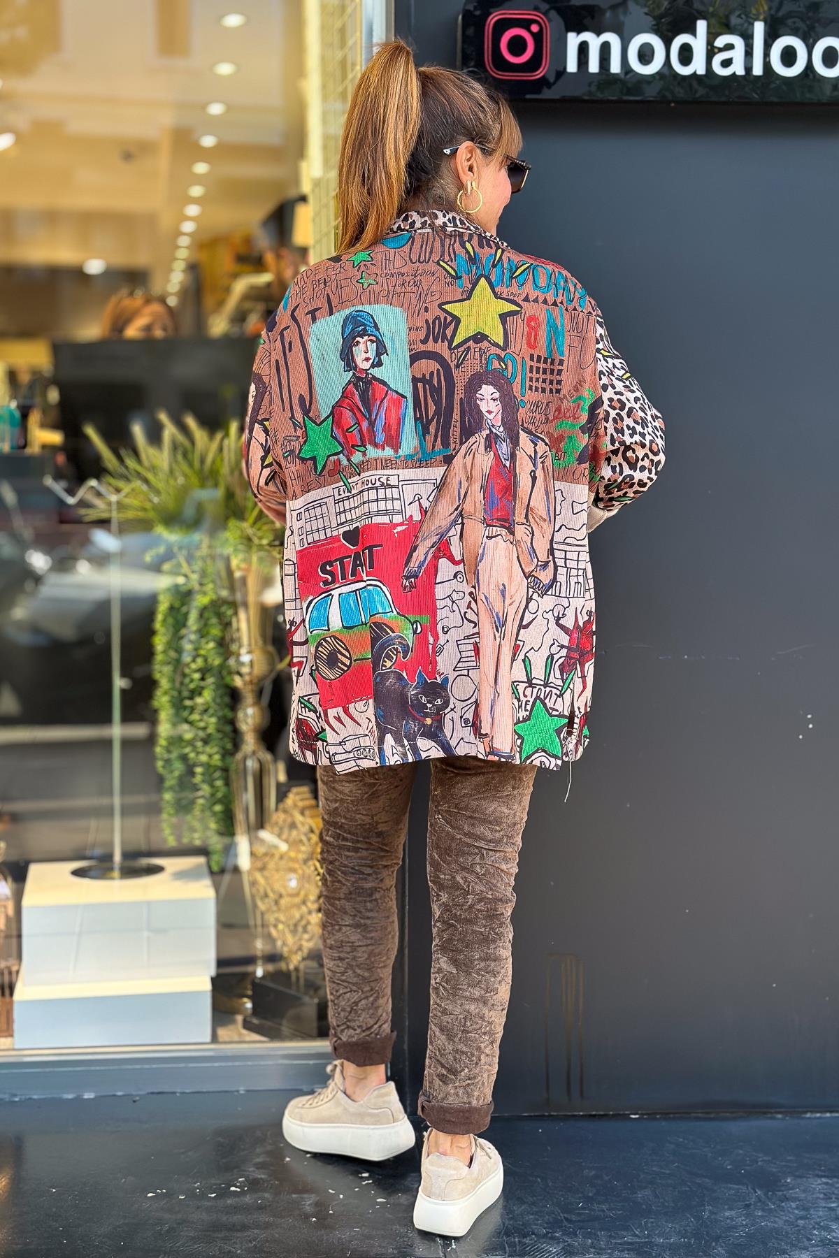 Leopar Ve Kız Desenli Kadife Blazer Ceket Camel RenkCEKET