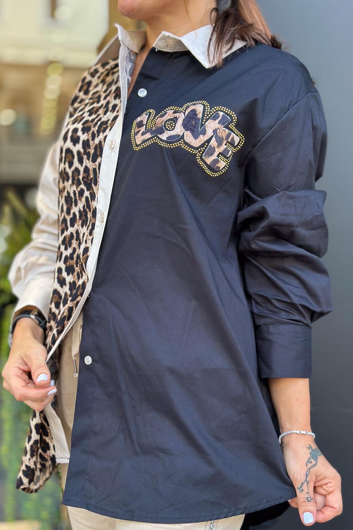 Leopar Ve Love Detaylı Gömlek Siyah RenkGÖMLEK