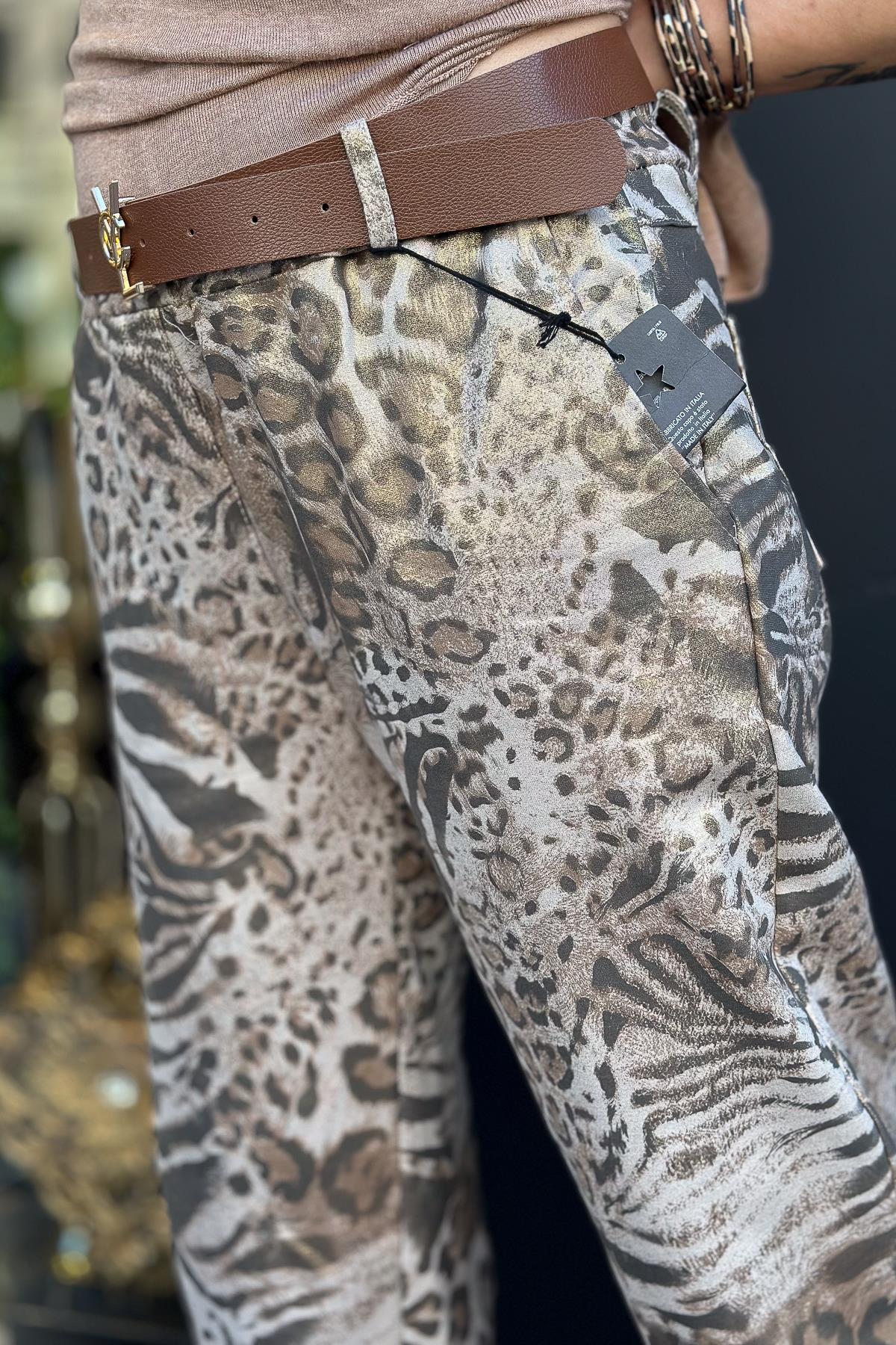 Leopar Ve Zebra Desenli Deri Kemerli Simli Pantolon Camel RenkPANTOLON