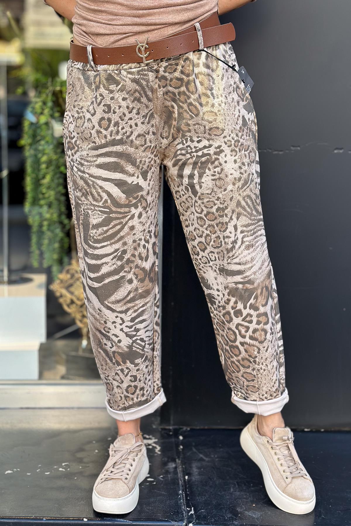 Leopar Ve Zebra Desenli Deri Kemerli Simli Pantolon Camel RenkPANTOLON
