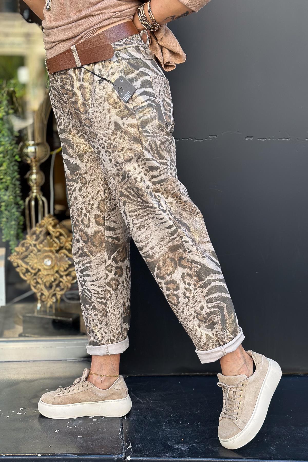 Leopar Ve Zebra Desenli Deri Kemerli Simli Pantolon Camel RenkPANTOLON