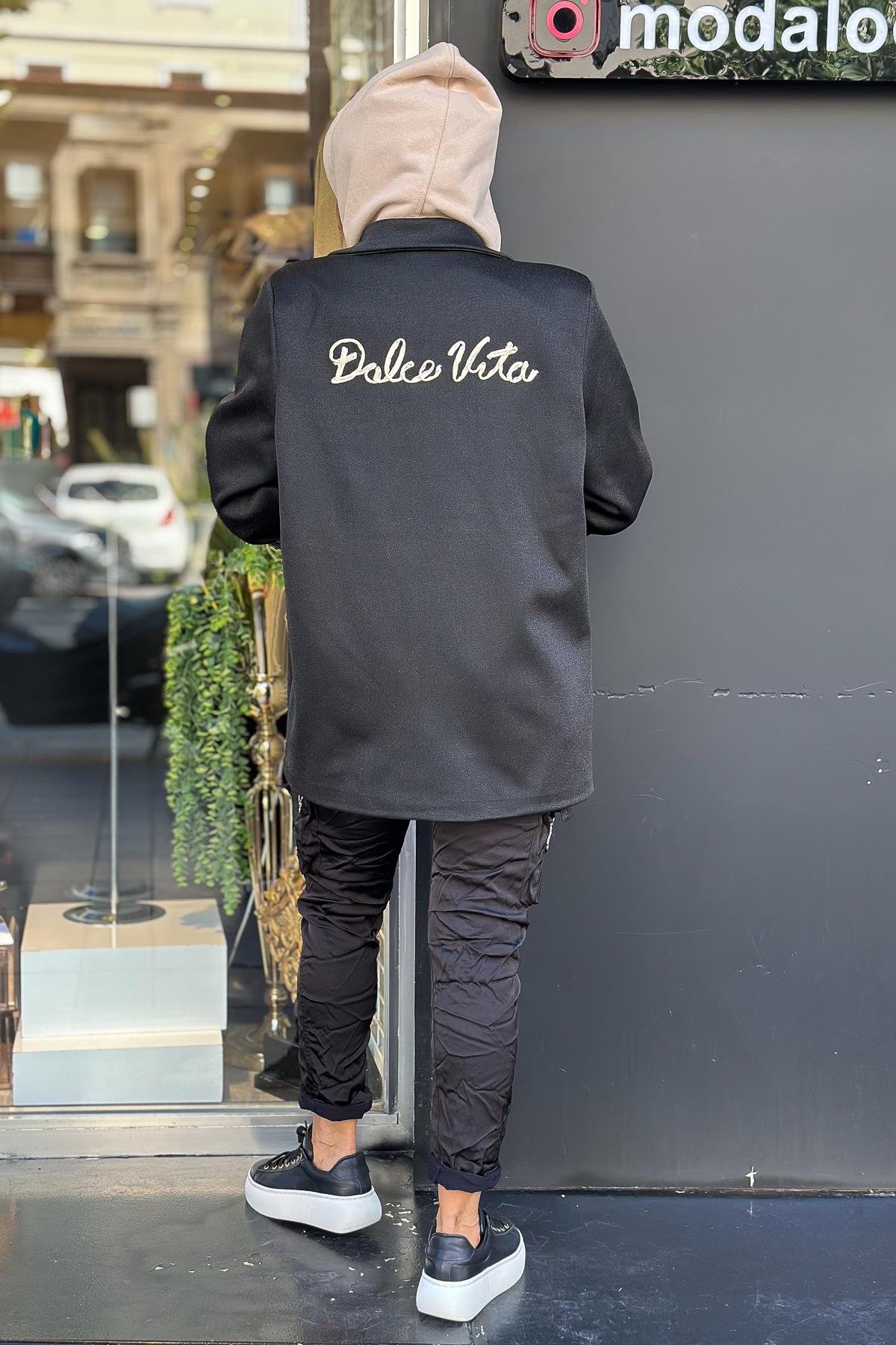 Love Yazı Detaylı Kapüşonlu Simli Blazer Ceket Siyah RenkCEKET