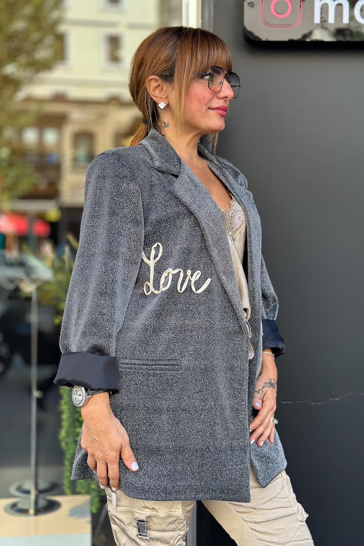 Love Yazı Detaylı Kapüşonlu Simli Blazer Ceket Antresit RenkCEKET