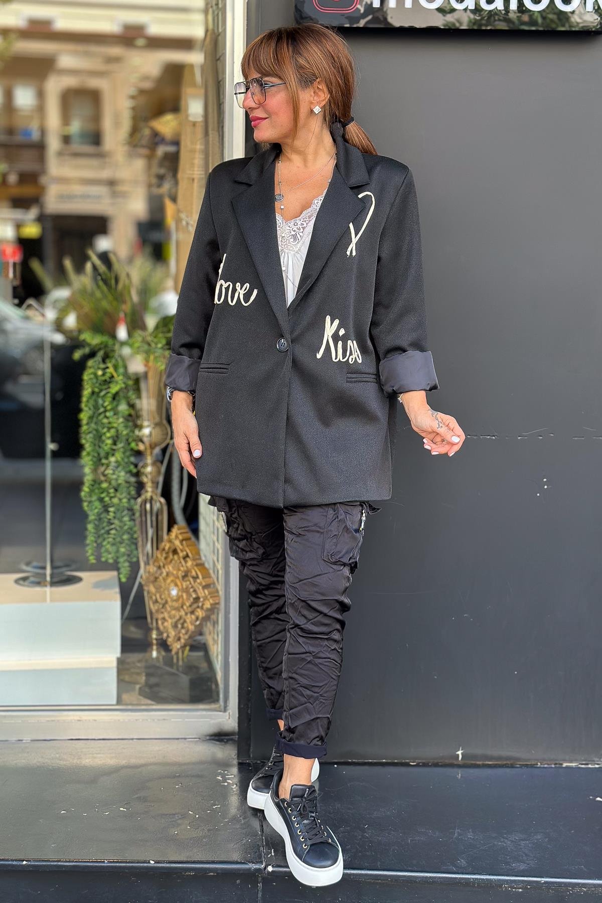 Love Yazı Detaylı Kapüşonlu Simli Blazer Ceket Siyah RenkCEKET