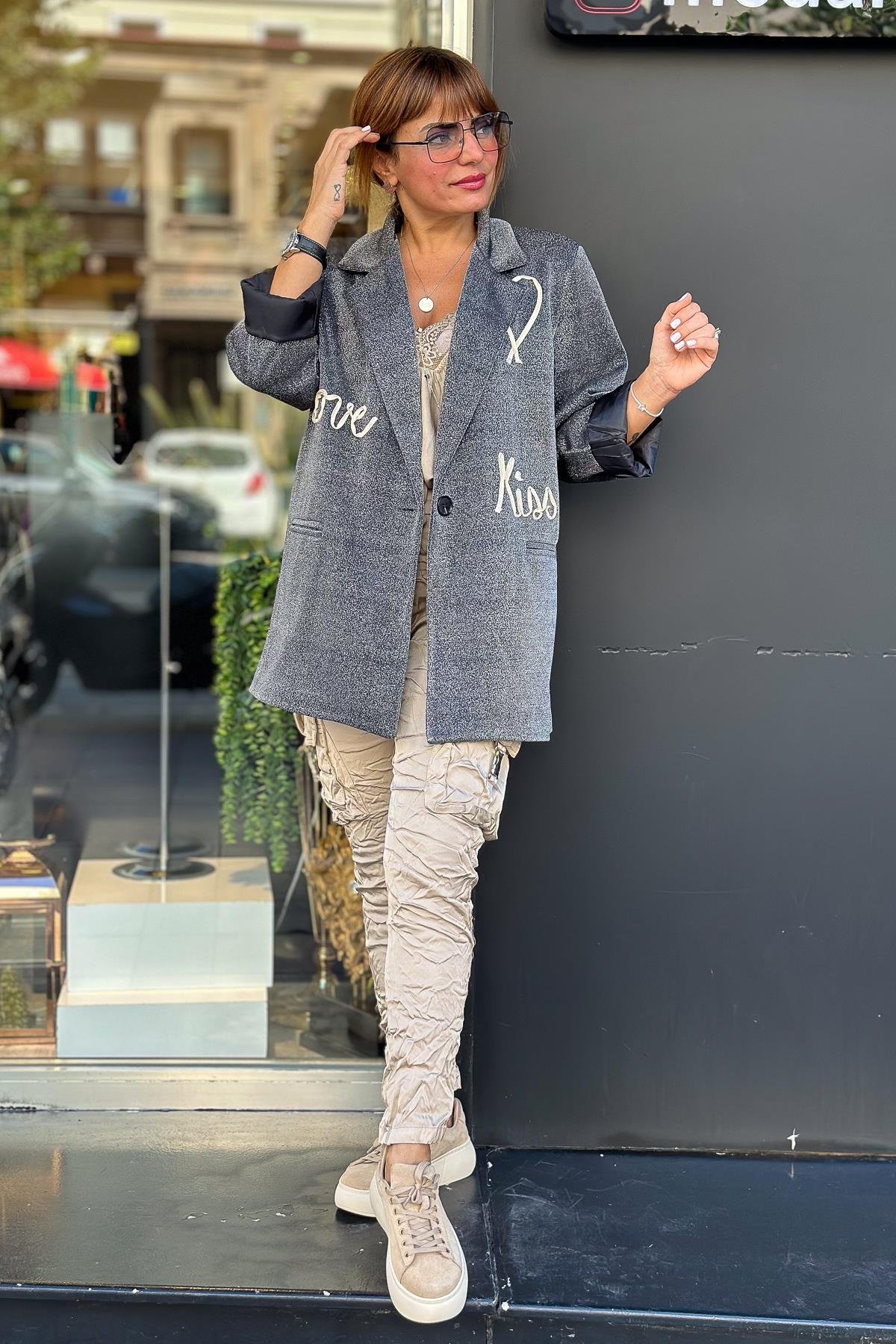Love Yazı Detaylı Kapüşonlu Simli Blazer Ceket Antresit RenkCEKET