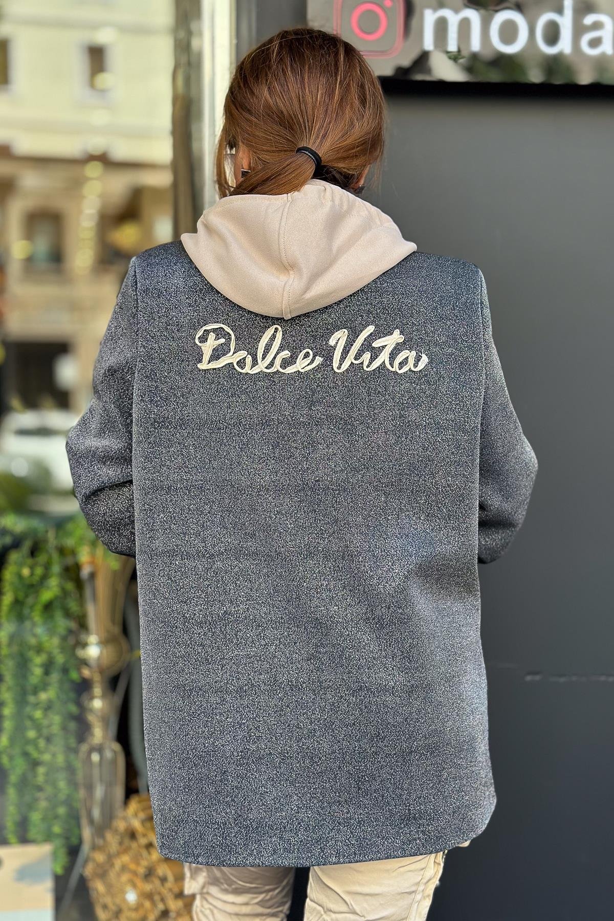 Love Yazı Detaylı Kapüşonlu Simli Blazer Ceket Antresit RenkCEKET