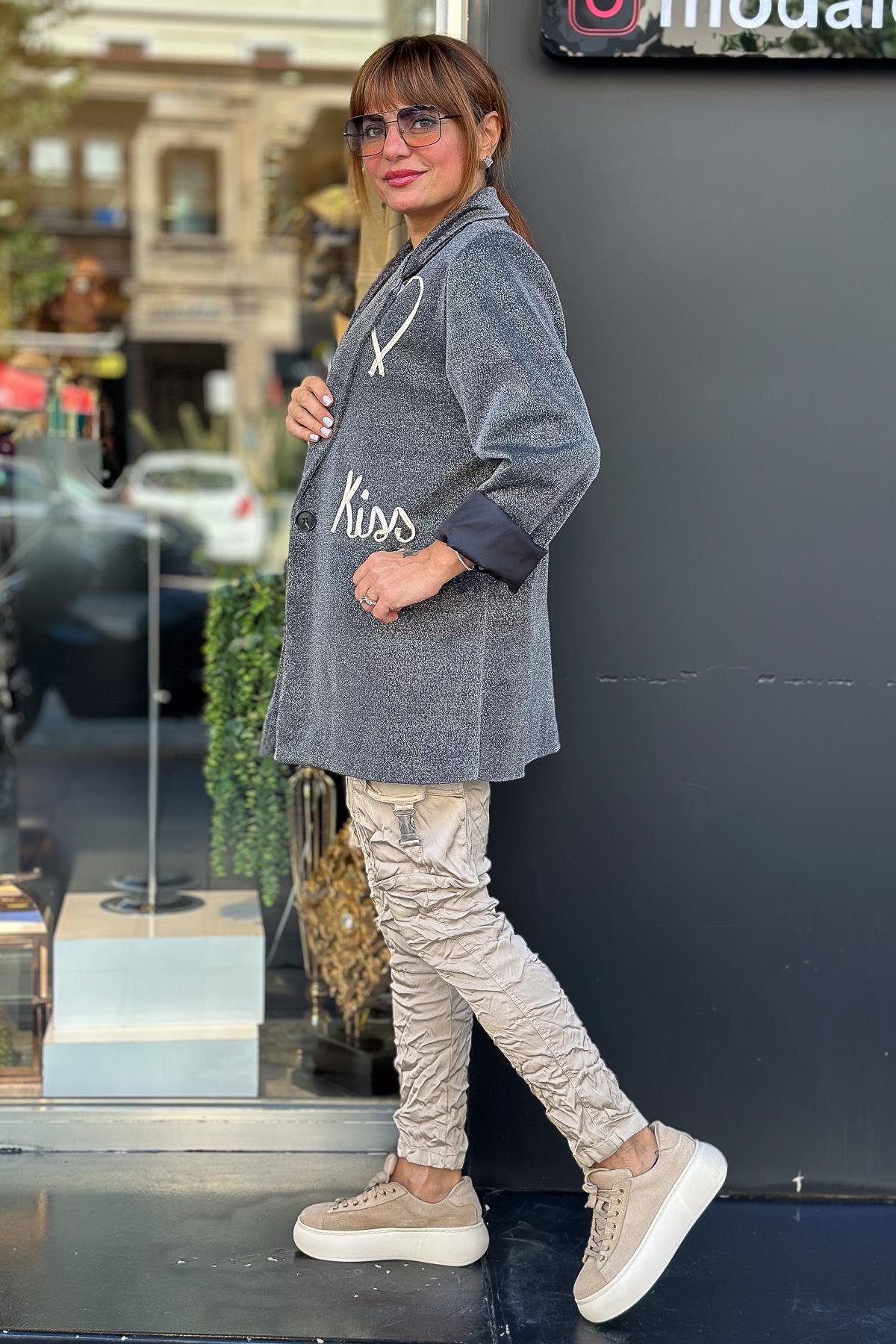 Love Yazı Detaylı Kapüşonlu Simli Blazer Ceket Antresit RenkCEKET