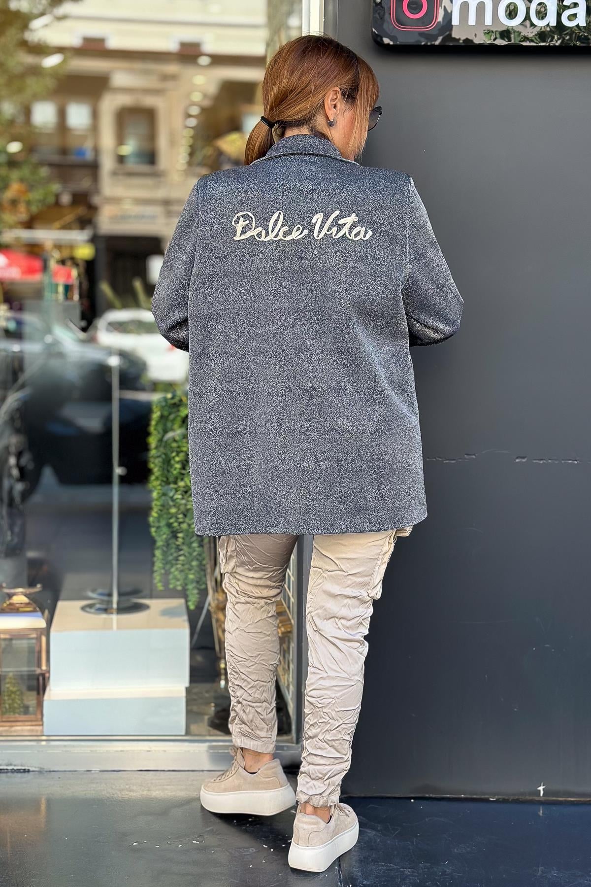 Love Yazı Detaylı Kapüşonlu Simli Blazer Ceket Antresit RenkCEKET