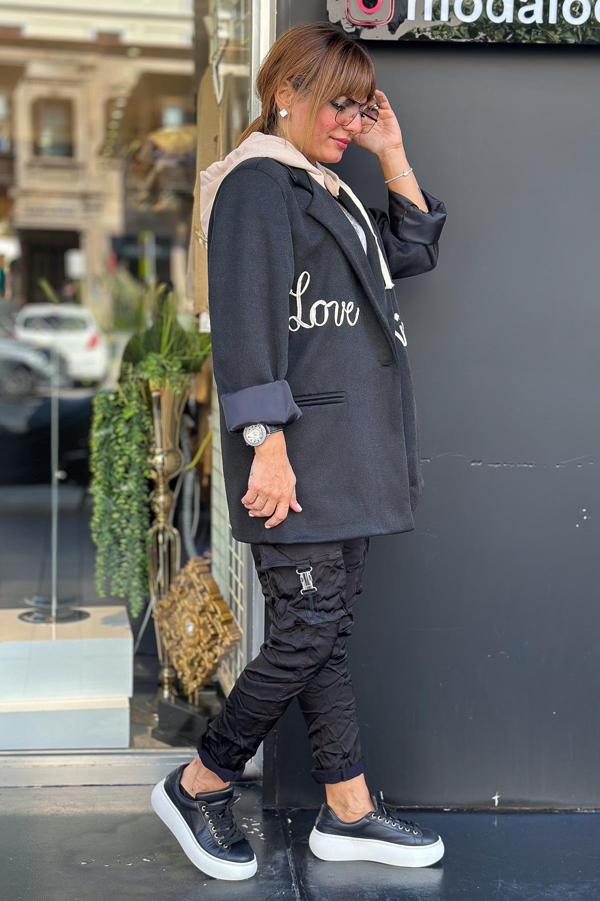 Love Yazı Detaylı Kapüşonlu Simli Blazer Ceket Siyah RenkCEKET
