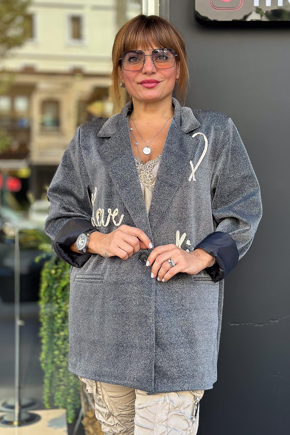 Love Yazı Detaylı Kapüşonlu Simli Blazer Ceket Antresit RenkCEKET