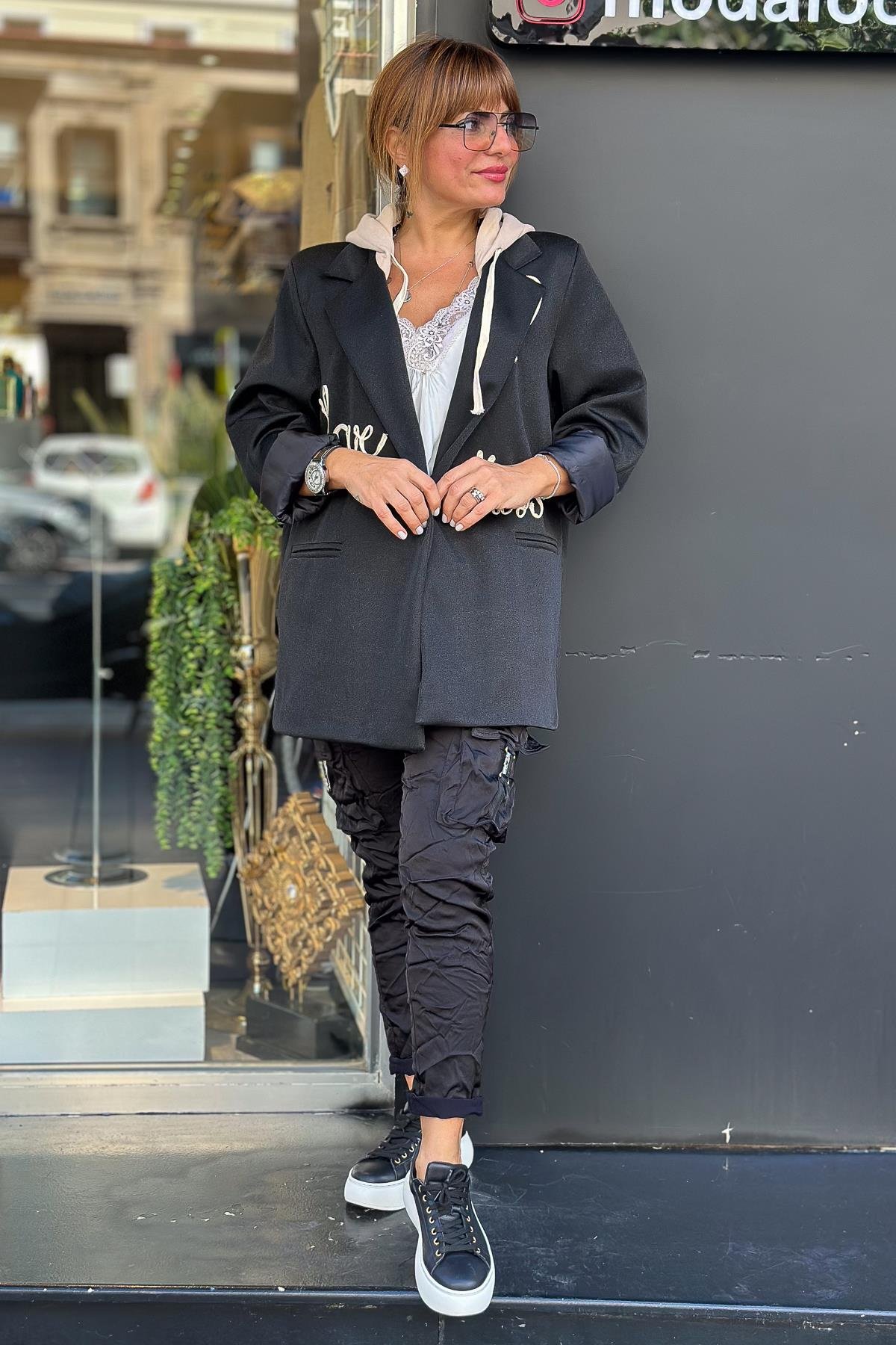 Love Yazı Detaylı Kapüşonlu Simli Blazer Ceket Siyah RenkCEKET