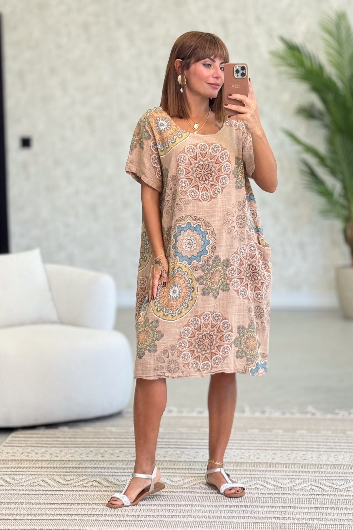 Mandala Desen Çift Cepli Pamuklu Elbise Camel RenkELBİSE