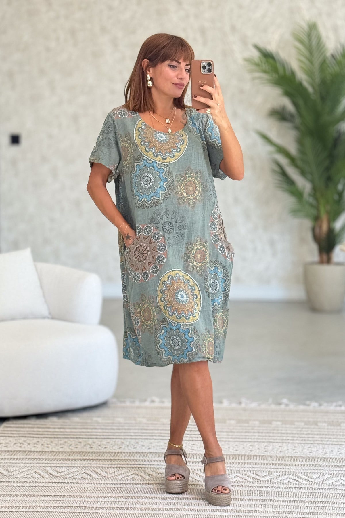 Mandala Desen Çift Cepli Pamuklu Elbise Haki RenkELBİSE