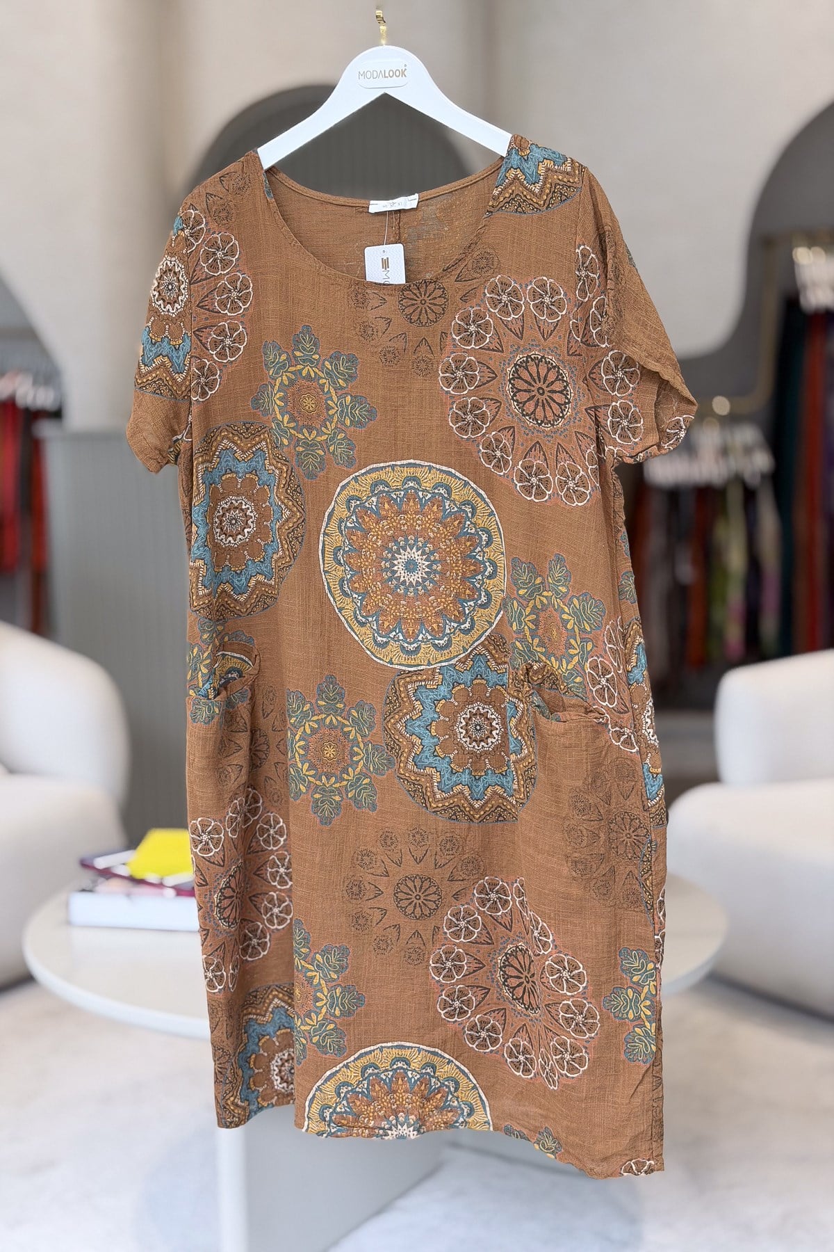 Mandala Desen Çift Cepli Pamuklu Elbise Deve Tüyü RenkELBİSE