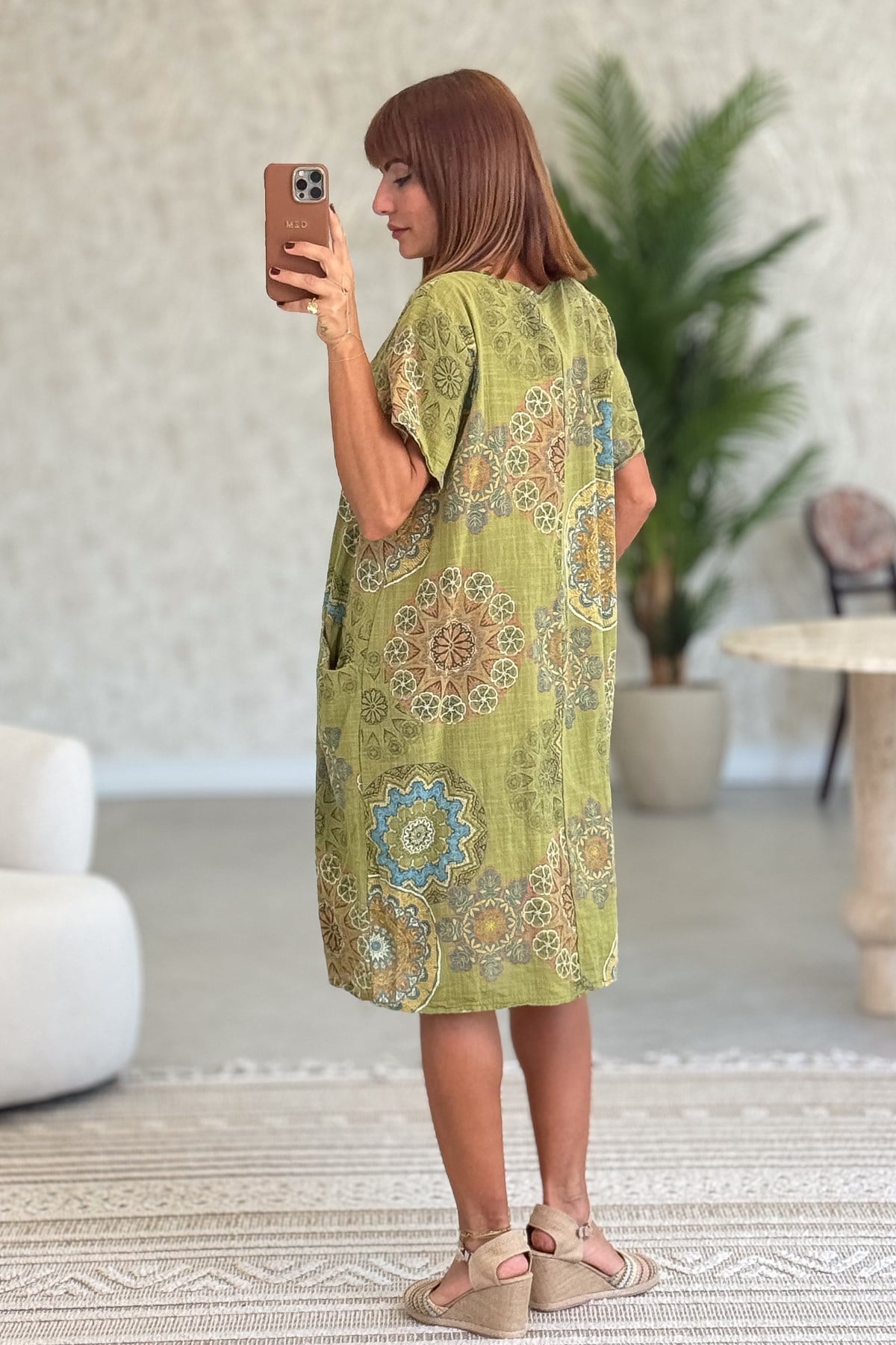 Mandala Desen Çift Cepli Pamuklu Elbise Asit RenkELBİSE