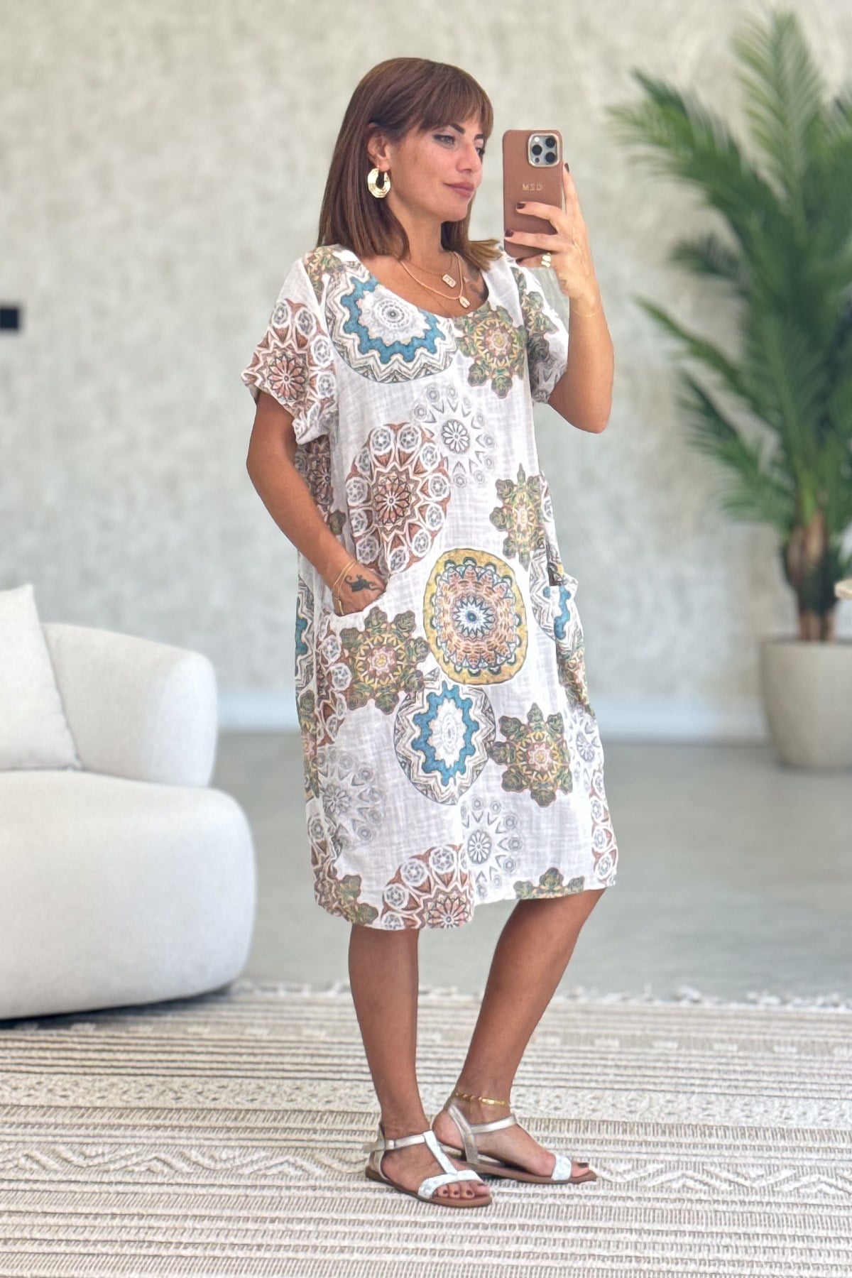 Mandala Desen Çift Cepli Pamuklu Elbise Bej RenkELBİSE