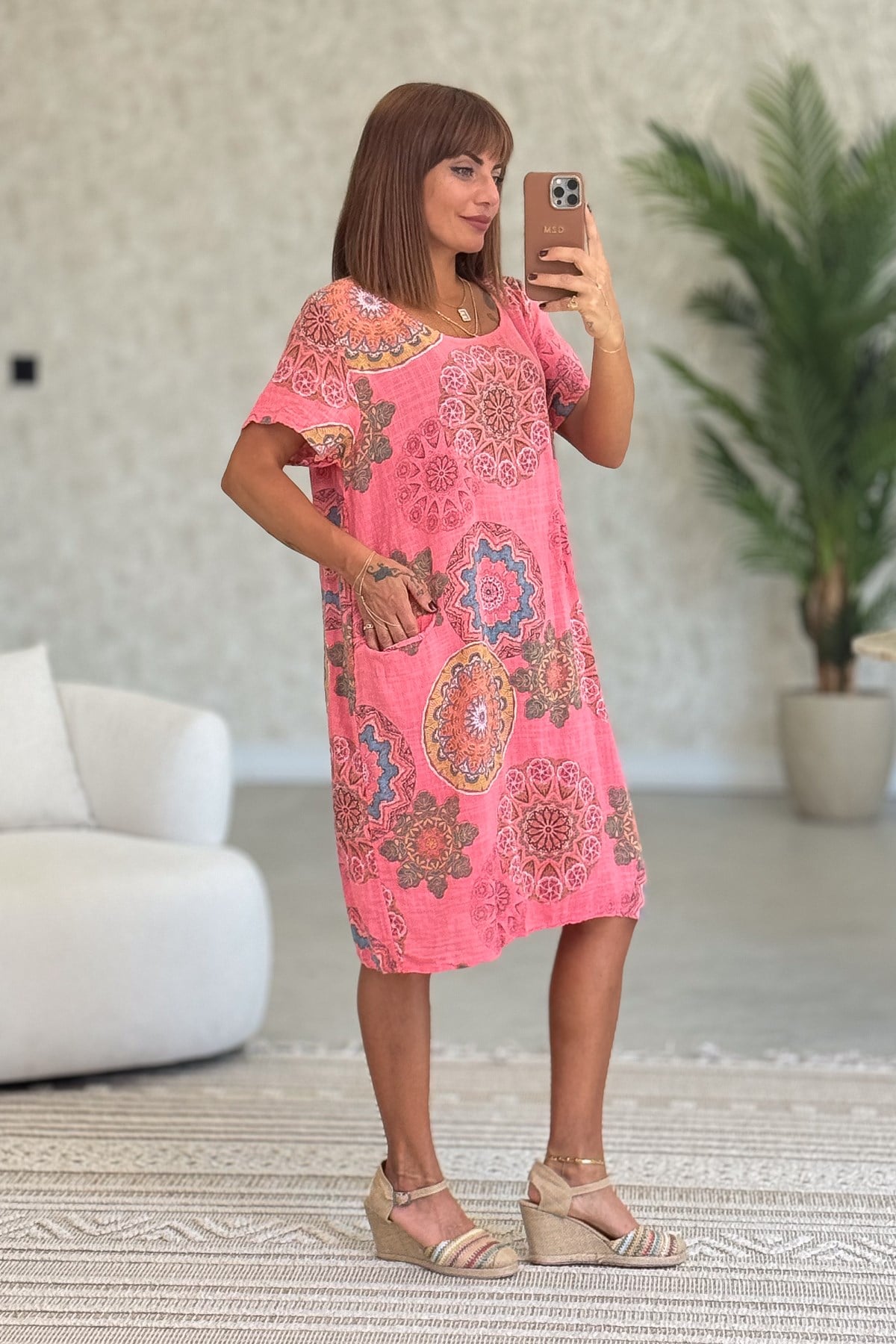 Mandala Desen Çift Cepli Pamuklu Elbise Mercan RenkELBİSE