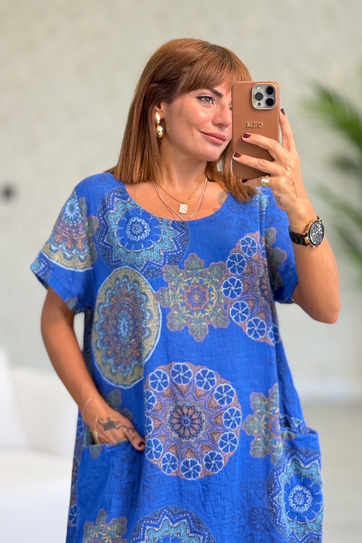 Mandala Desen Çift Cepli Pamuklu Elbise Saks RenkELBİSE