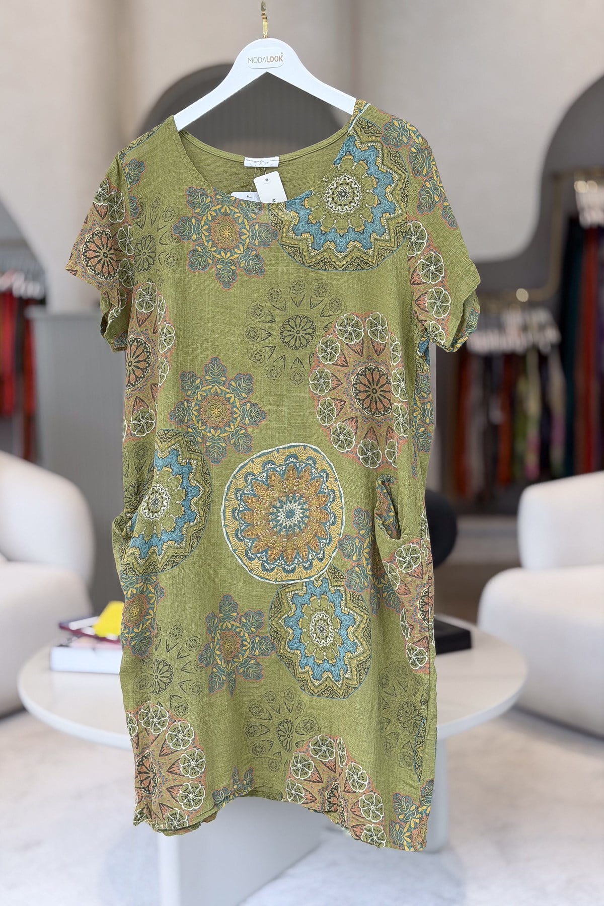 Mandala Desen Çift Cepli Pamuklu Elbise Asit RenkELBİSE