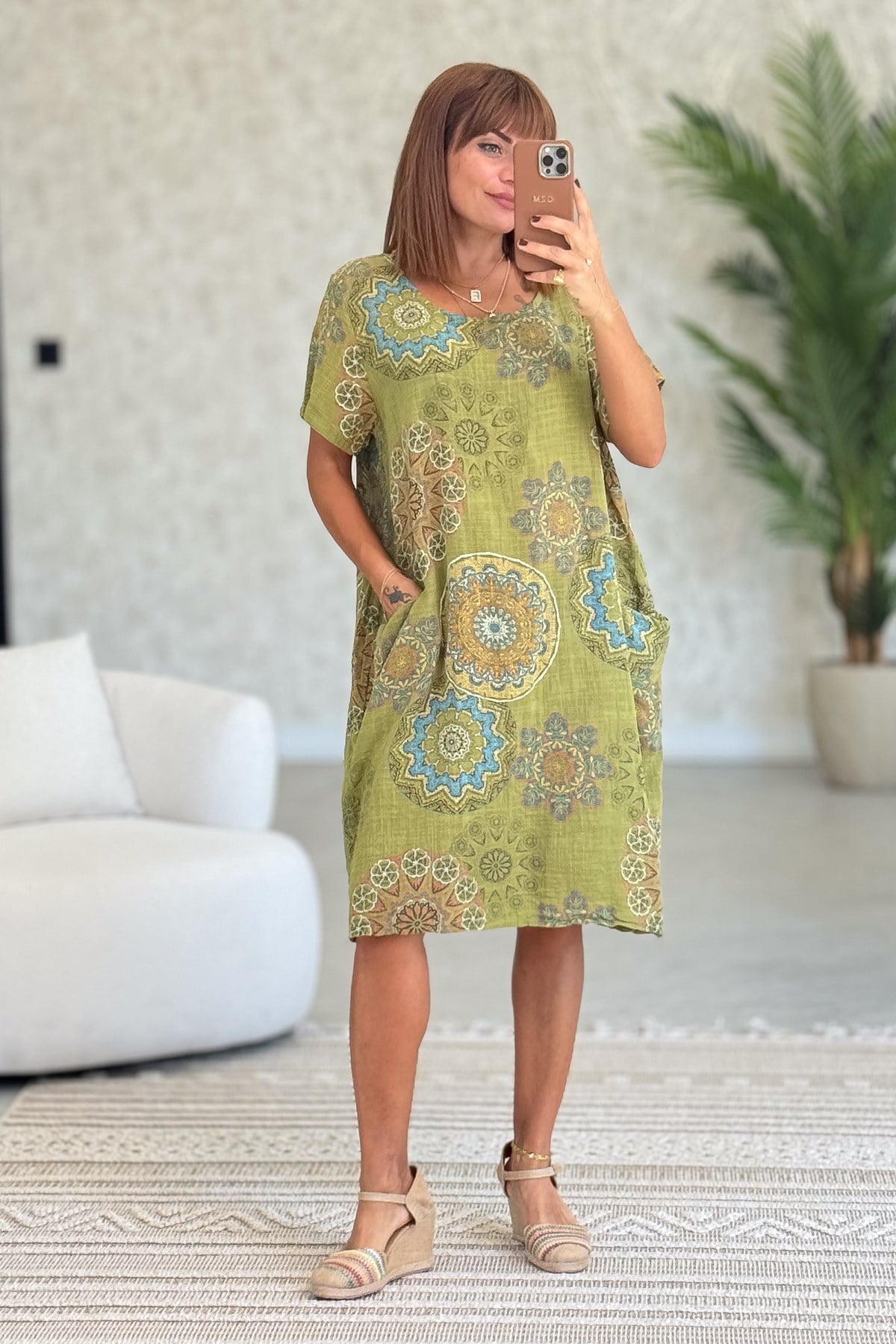 Mandala Desen Çift Cepli Pamuklu Elbise Asit RenkELBİSE